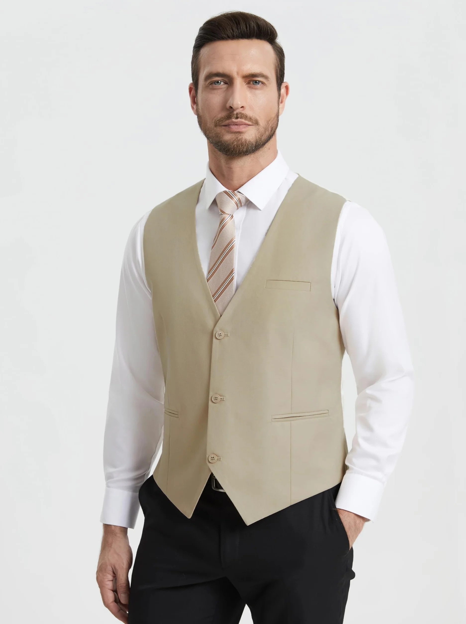 HISDERN Chaleco Traje Hombre Elegante Formal Clásico Color Liso Ajustable 3 Botones Bolsillo Boda Ceremonias S-4XL