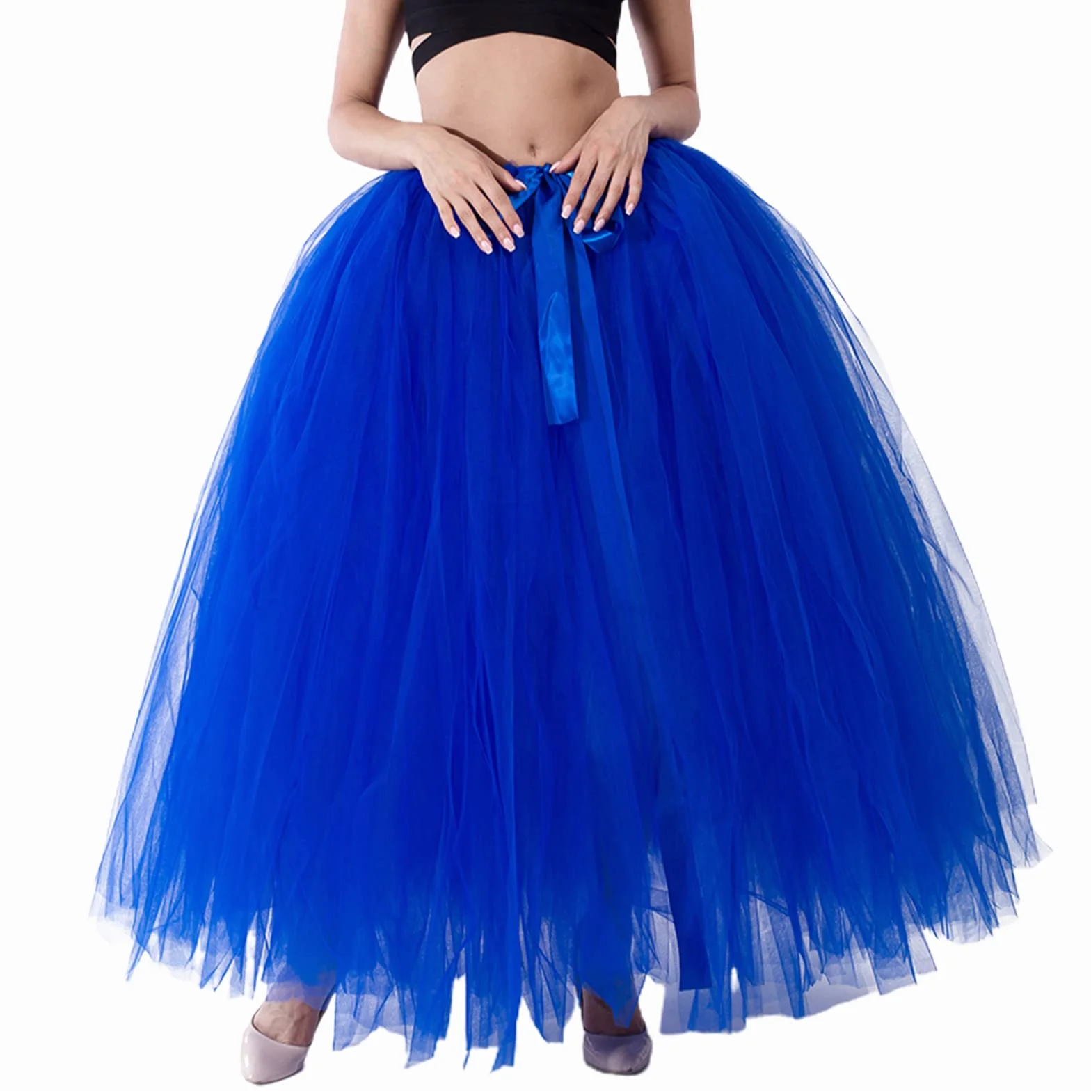 Falda larga tutú de cintura alta con capas de tul maxi faldas hinchadas hasta el suelo, boda, fiesta, con cinturón Bowknot, zafiro, Talla única