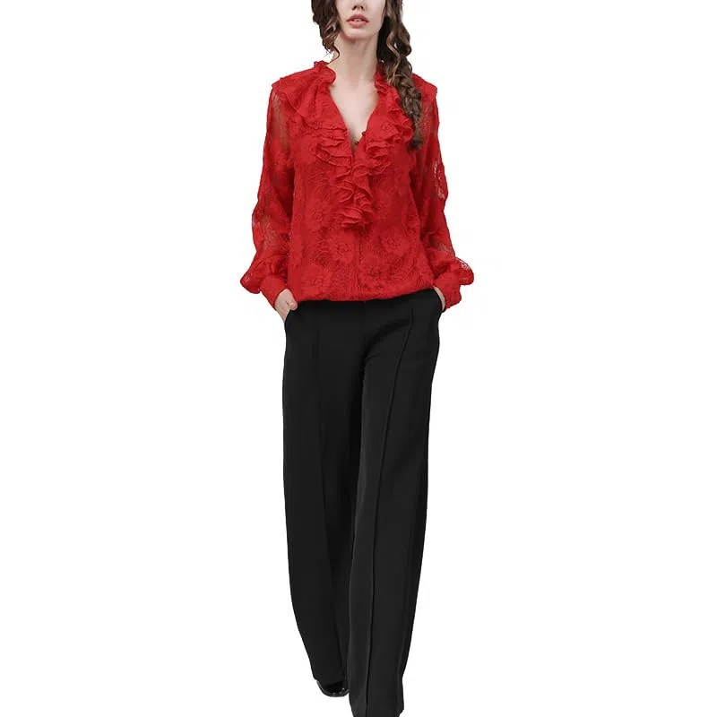 Tops de Encaje Floral Rojo para Mujer, Blusas holgadas de Talla Grande para Primavera, Manga Larga con Cuello en V, Blusas con Volantes, Ropa Informal para Todo Partido (Rojo XL)