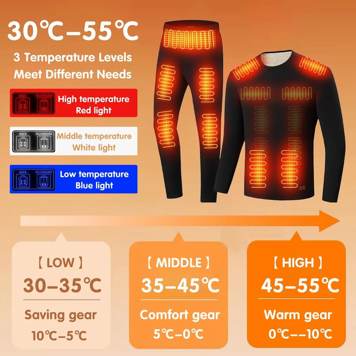 Conjunto de Ropa Interior térmica con calefacción eléctrica para Hombre y Mujer, con USB, 18 Zonas, para Deportes al Aire Libre.