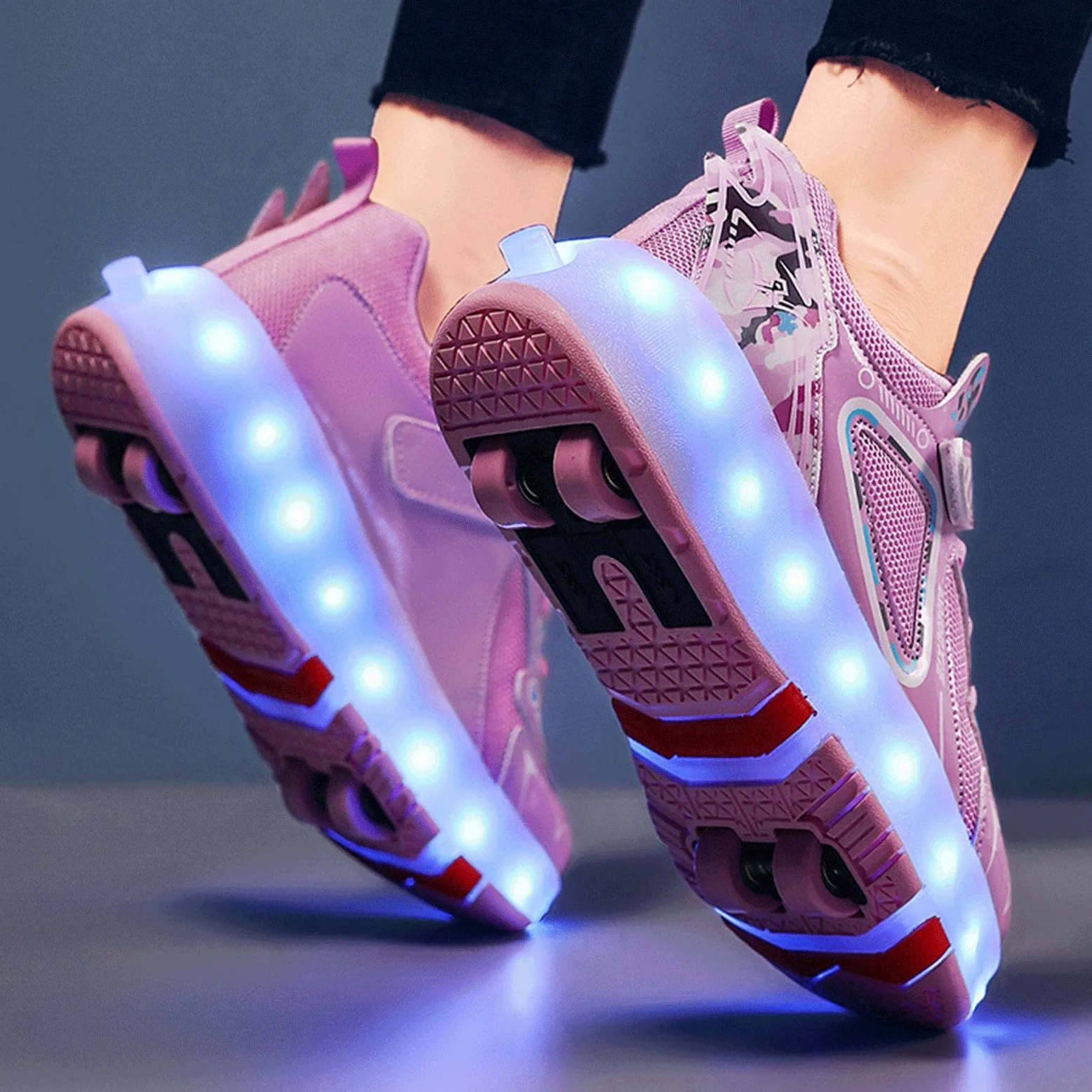 TECDOTO Zapatillas con Ruedas, USB Recargable Zapatos de Patines para Niños Niñas Niños Regalo Luz LED 4 Ruedas Zapatos Patines,Pink-38EU