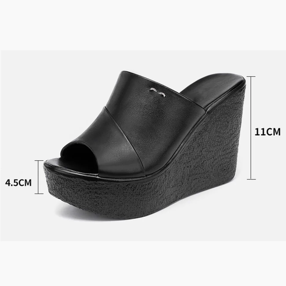 Sandalias de Cuña con Plataforma para Mujer, Negro, Cuero, Peep Toe, Tacón Alto 11cm, Mule Estilo Casual
