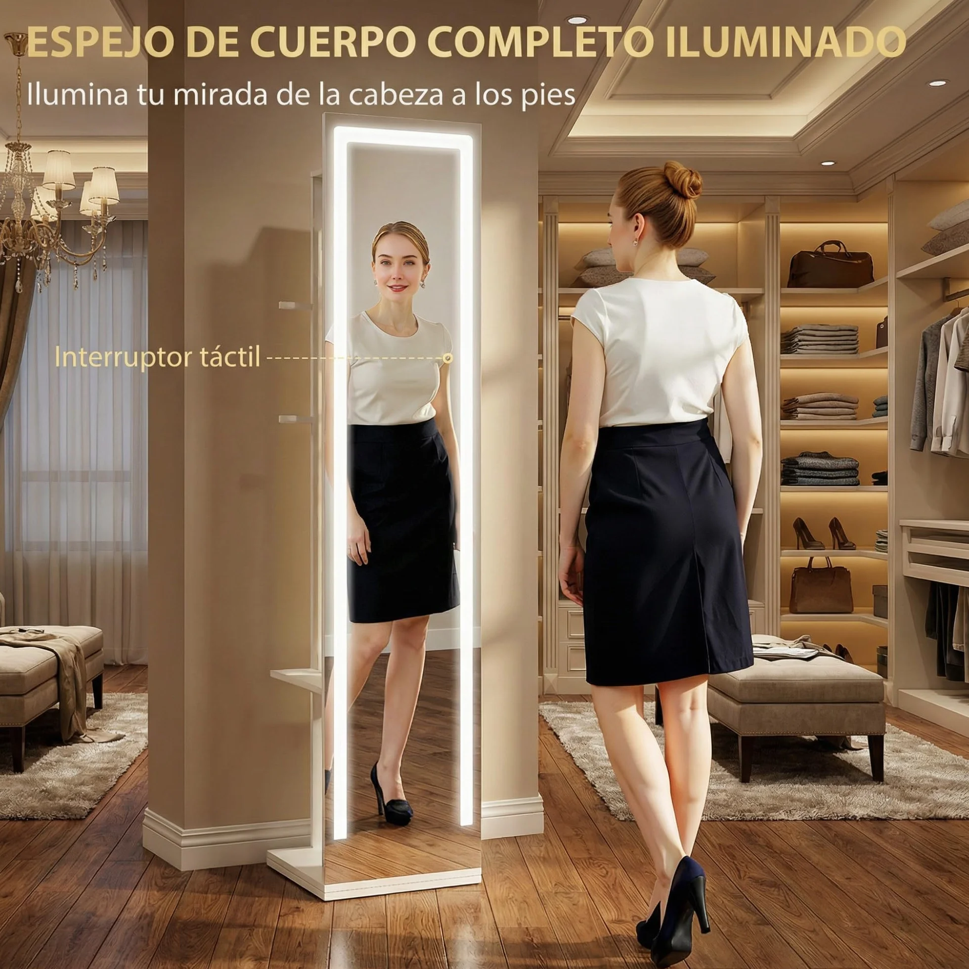 HOMCOM Espejo Joyero con Luces LED, Armario Joyero con Espejo de Cuerpo Entero sin Marco, Armario para Joyas Giratorio 360° con Estantes Abiertos, Perchero y Barras para Colgar, Blanco y Forro Beige