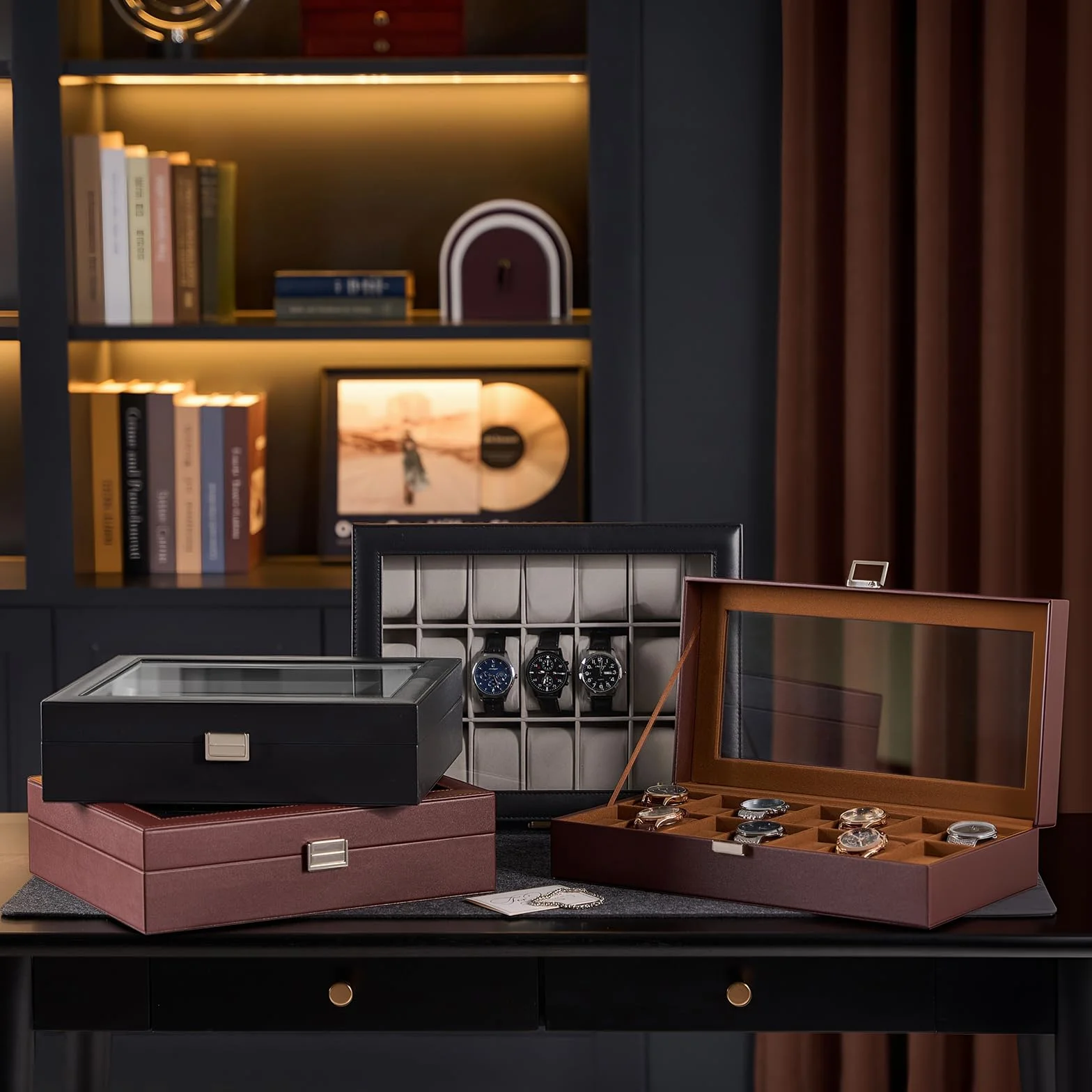 ProCase Caja Organizadora de Relojes 14 Ranuras, Estuche Joyero con Tapa de Cristal, Vitrina de Almacenamiento para Relojes, Pulseras y Joyas, Regalo Elegante para Hombres y Mujeres – Negro