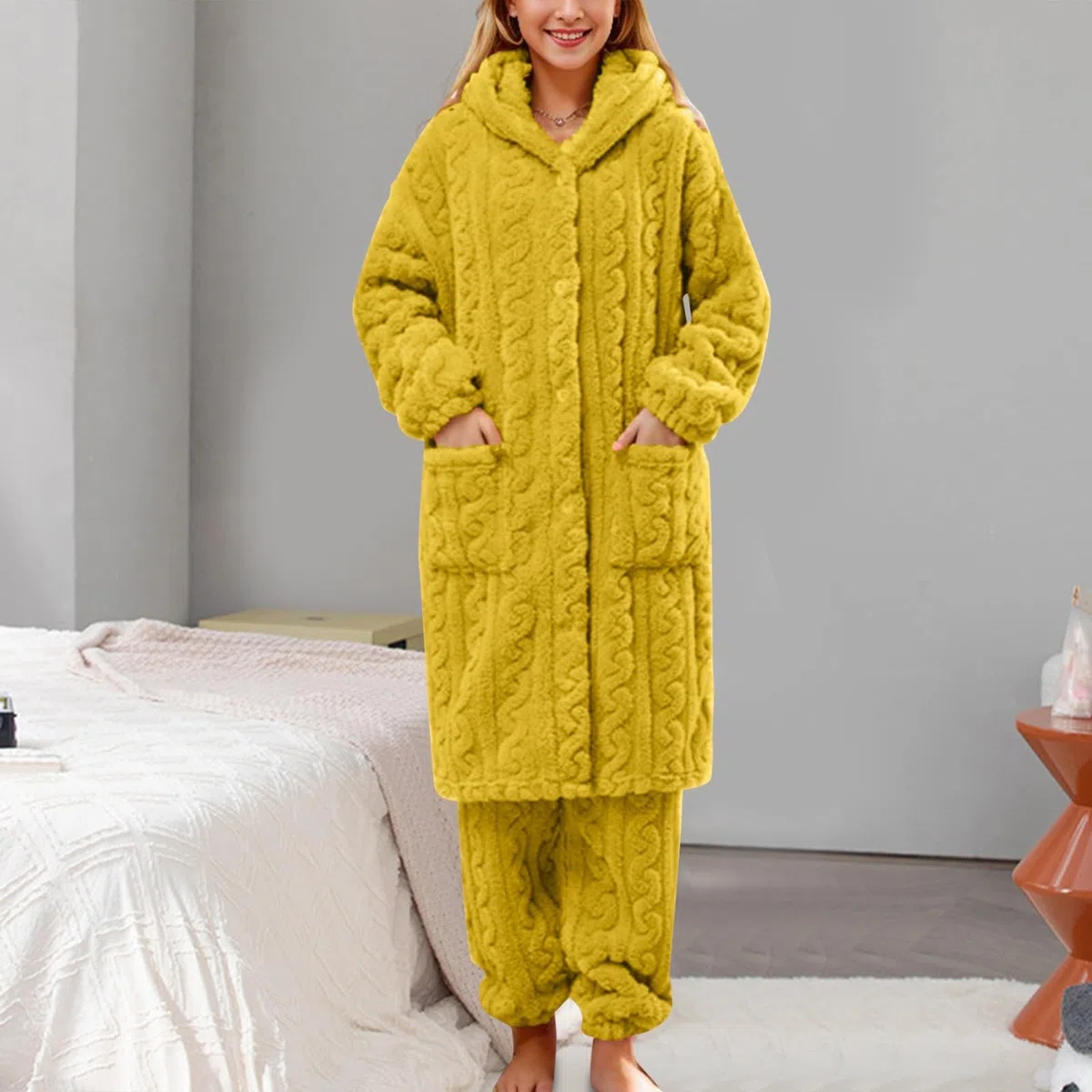 Generisch Pijama para mujer, conjunto de pijama difuso para mujer, cálido y esponjoso, de manga larga, ropa de dormir de felpa, ropa de dormir térmica con bolsillos