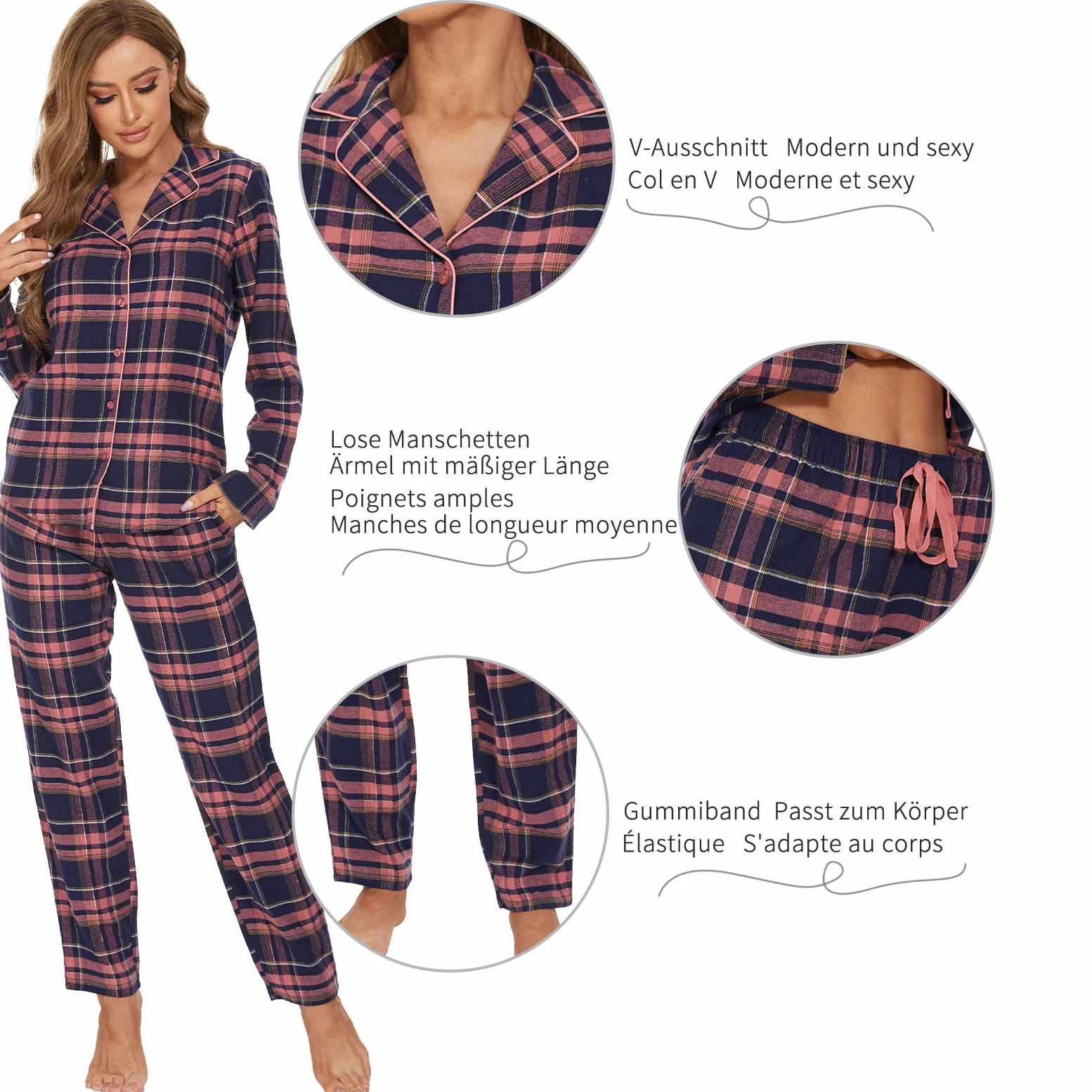 Mnemo Home Pijama largo de franela para mujer 100% algodón de franela