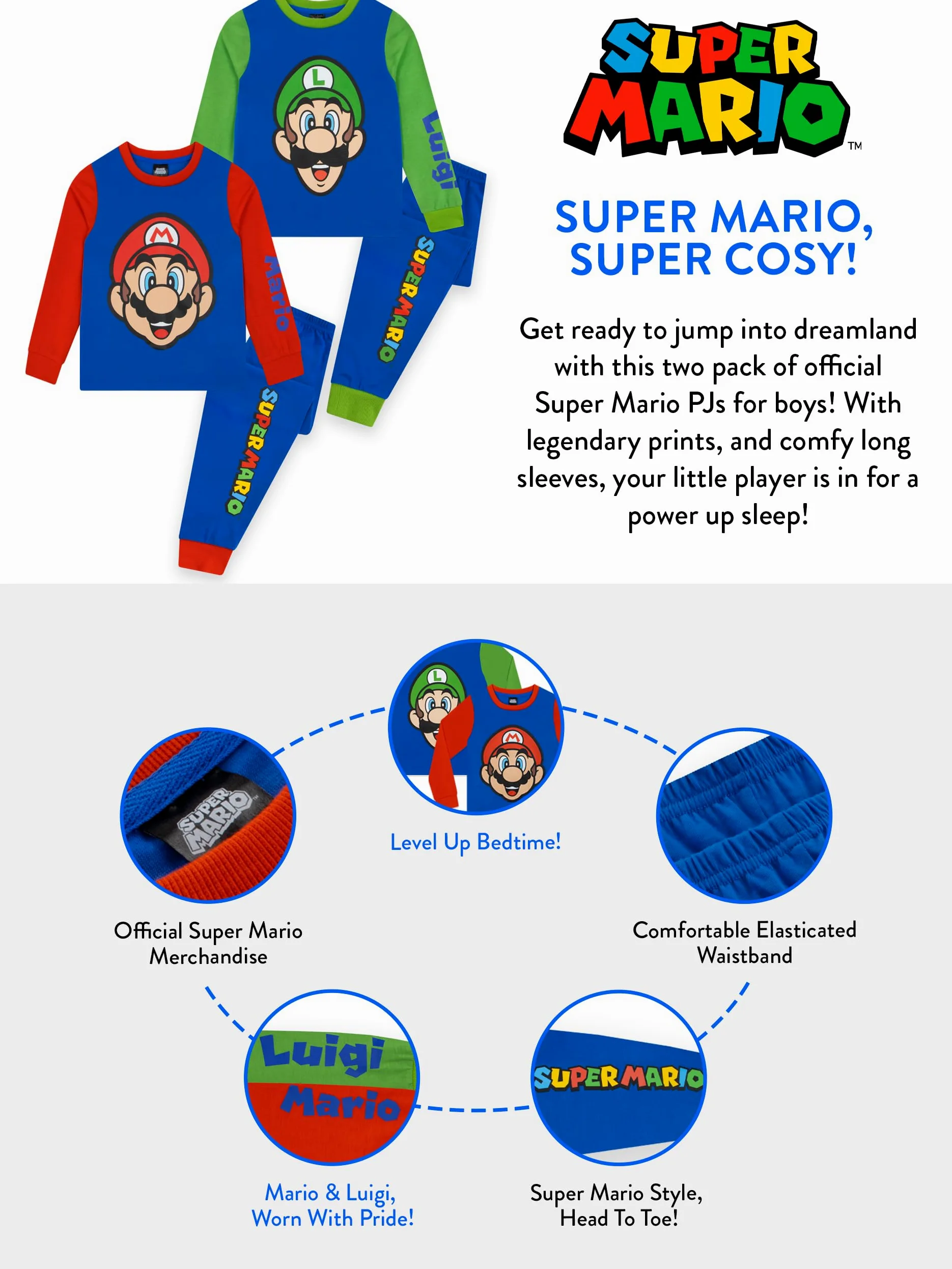 Super Mario Pijamas para Niño, Pack De 2, Pijamas Infantiles Gamers, Conjuntos Pijama De Mario para Niños