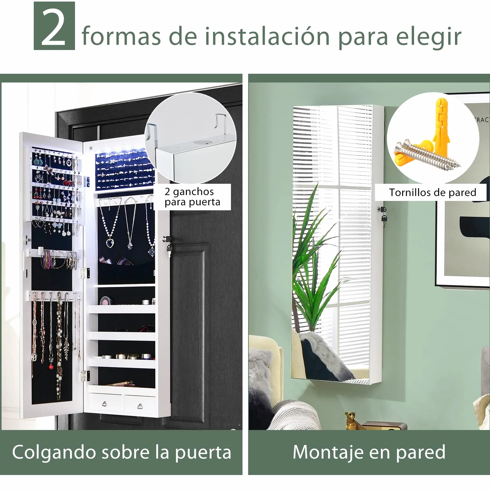 COSTWAY Armario con Espejo Joyero, Puerta LED y 2 Cajones, Cuerpo Entero para Dormitorio (Blanco)