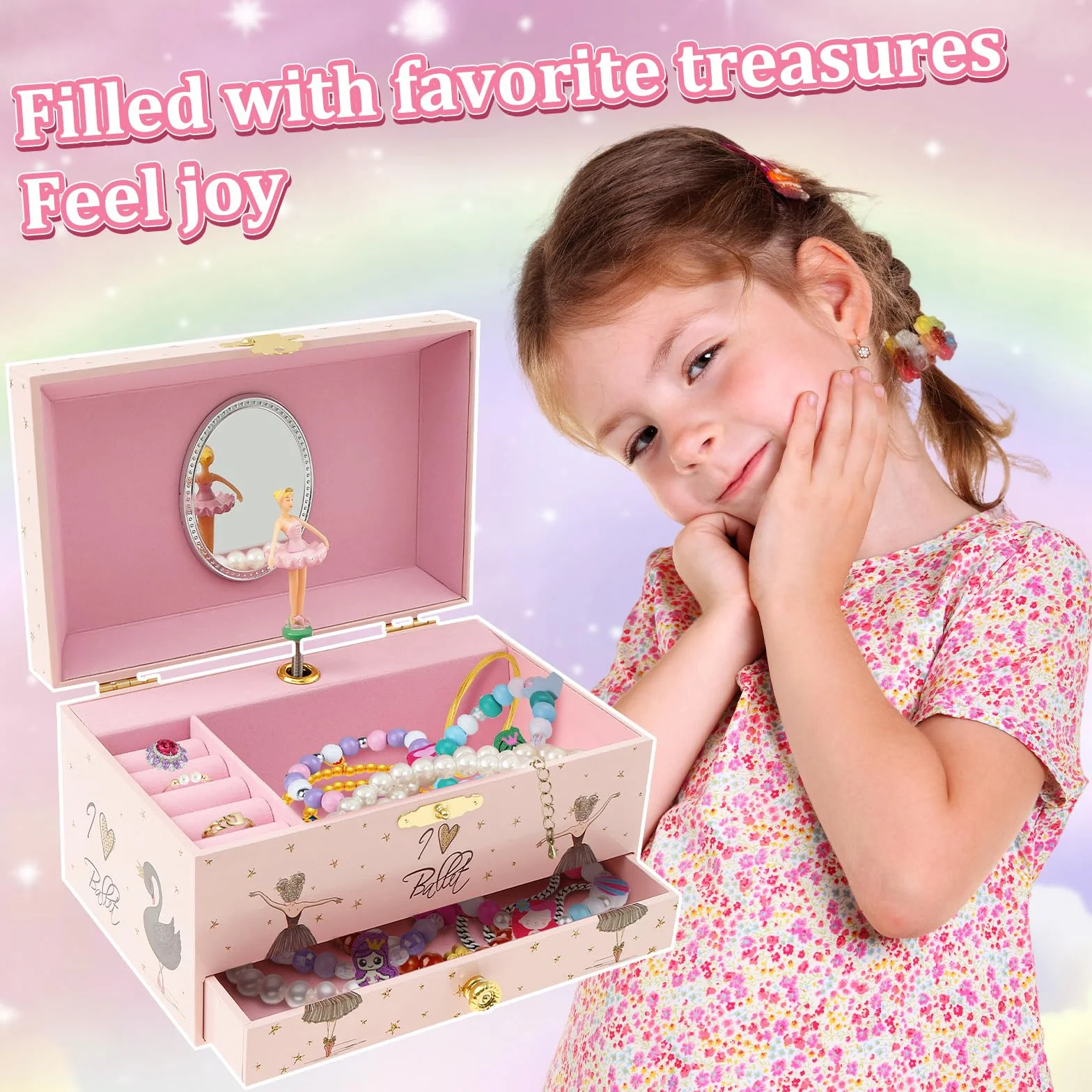 Joyero niña Joyero musical para niños, caja de música con unicornio giratorio, para niñas y niños, con espejo, regalo de cumpleaños (niña de ballet rosa y negro)