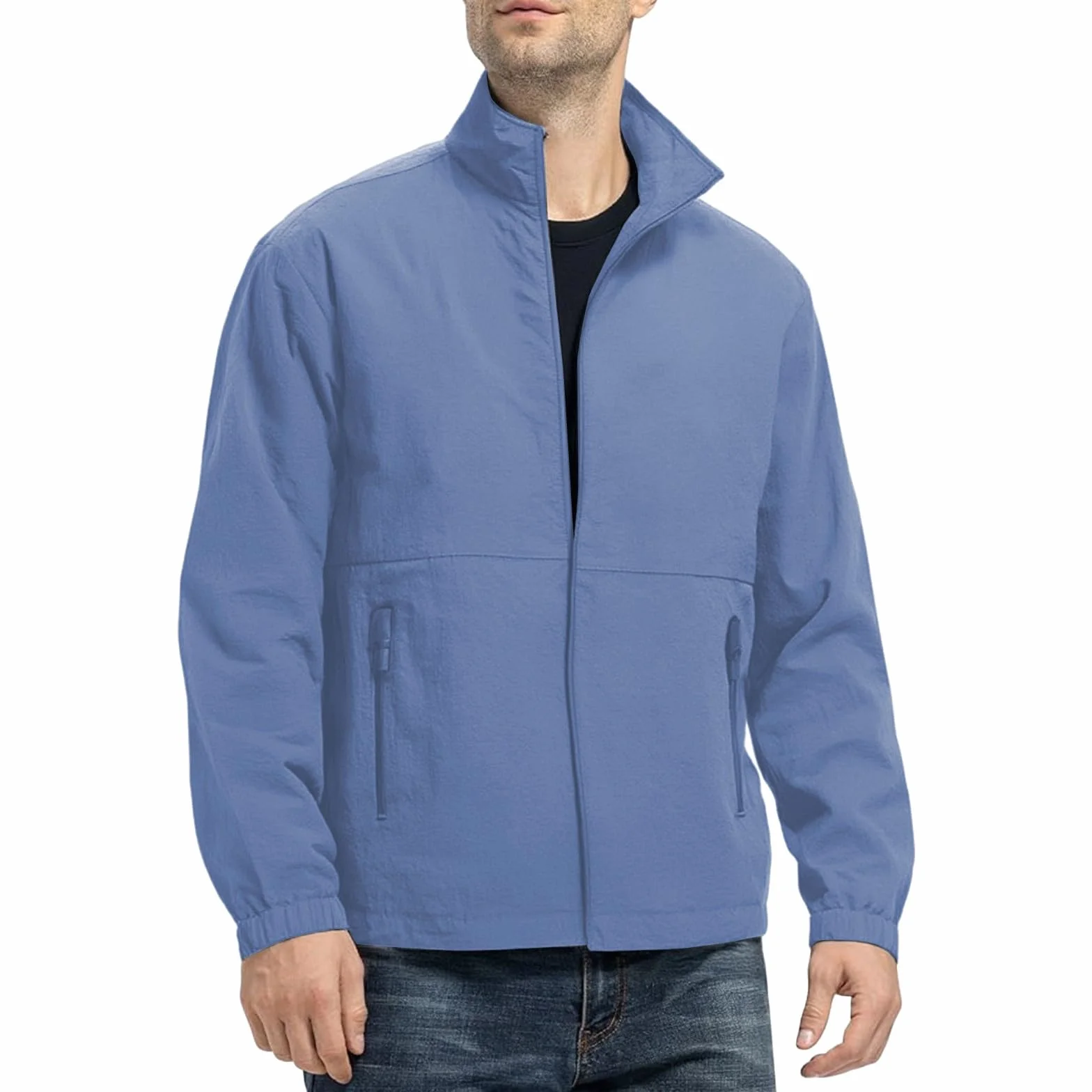 Chaqueta ligera para hombre, con cremallera completa, cuello alto, chaqueta cortavientos casual con bolsillos con cremallera