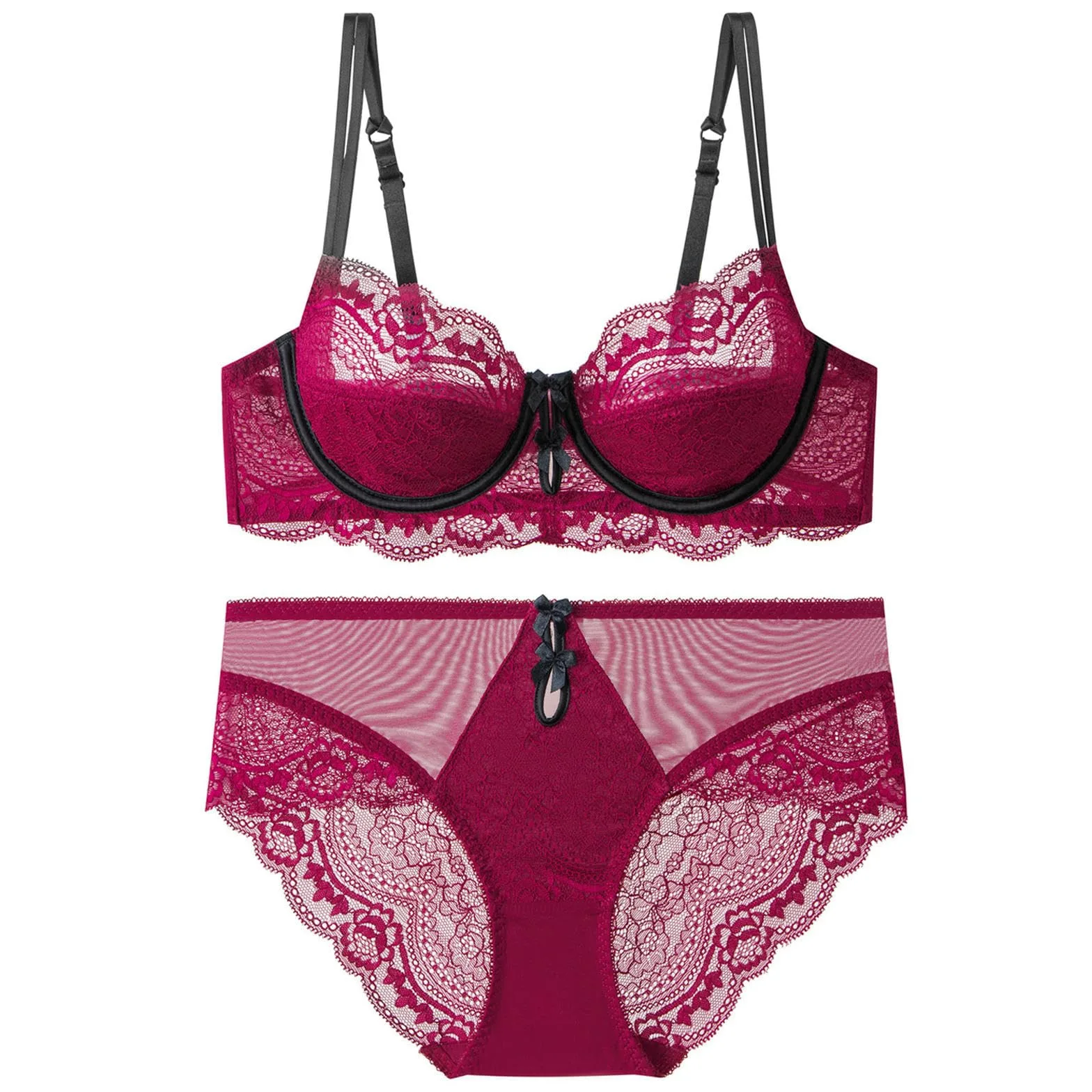 Sujetadores Bragas De Lencería Sexy Encaje Rojo para Mujer, Conjunto Sujetador Push-up Ultrafino Y Atractivo Pechos Grandes-Negro Atractivo-70b