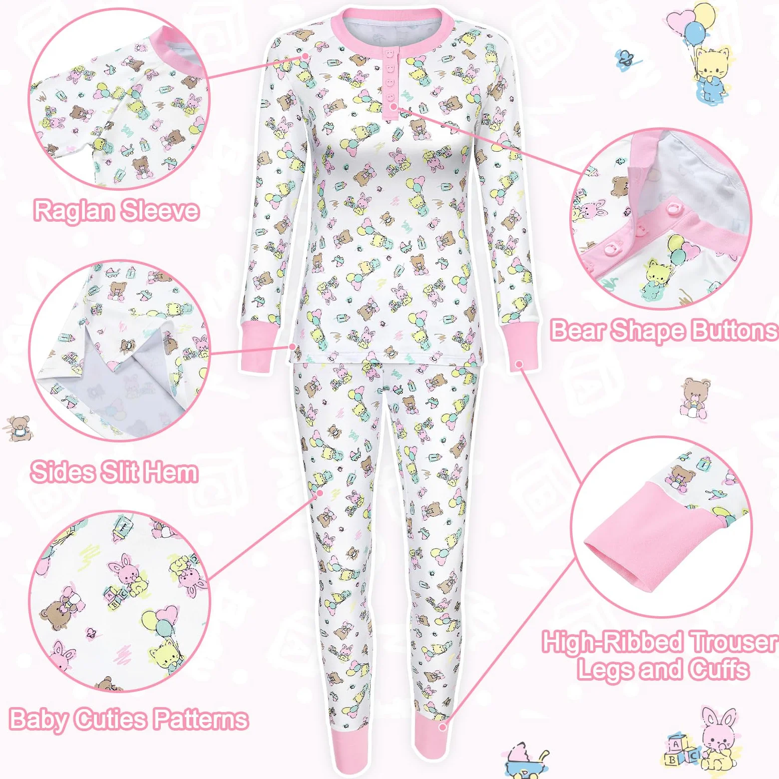LittleForBig Dos Piezas Set de Pijama de Manga Larga para Mujer - Sedoso Suave, Cómodo Elástico y Transpirable Baby Cuties Temática Ropa de Dormir Rosa XXXXL