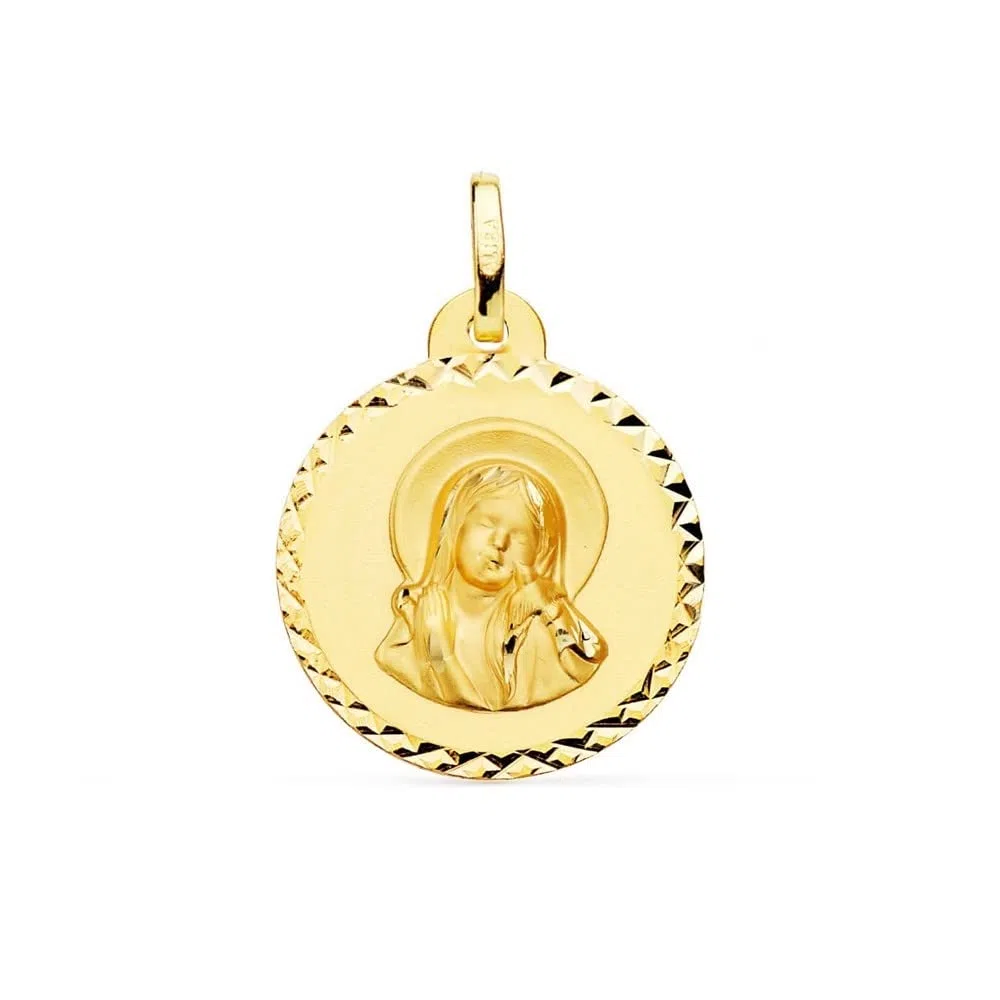 Virgen María Espíritu Santo medalla oro 18k Primera Comunión 20mm. bisel detalles tallados cruzados