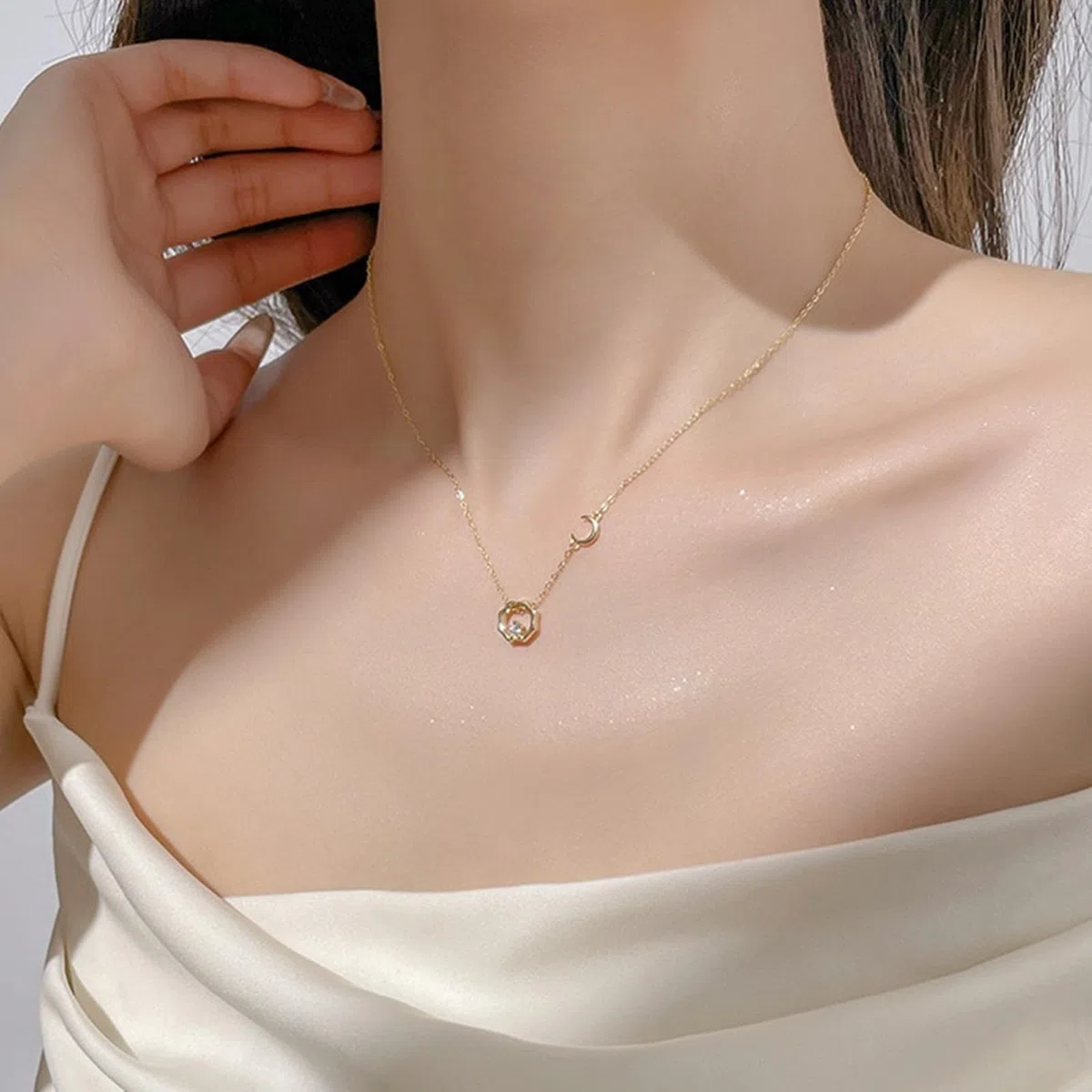 Collar de oro de 14 quilates para mujer, collar de oro amarillo de 9 quilates, 14 quilates, 18 quilates con sol y luna, cadena Rolo: 40 + 5 cm
