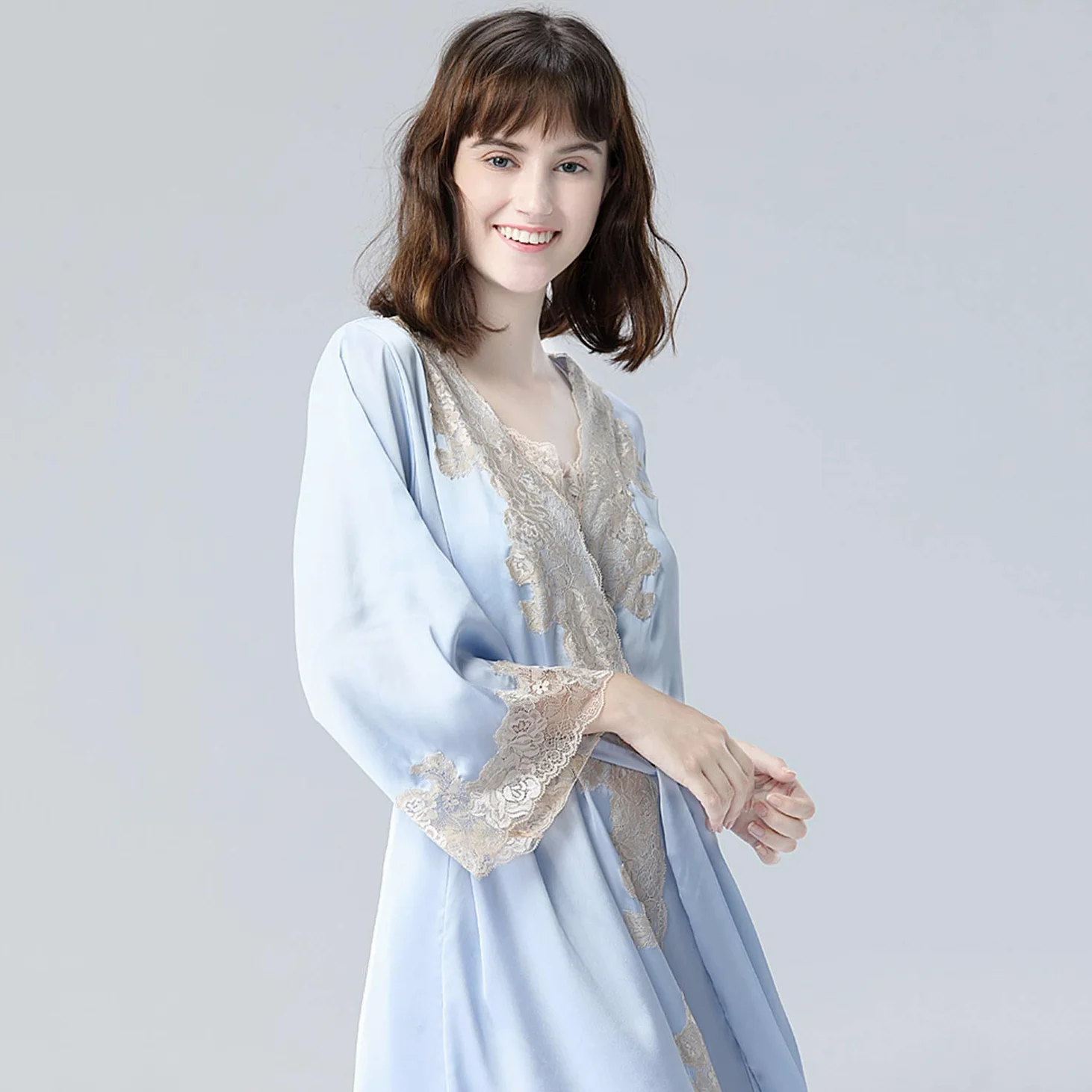 Traje De Kimono De Encaje Azul, Bata Satinada, Pijamas Sueltos con Bata De Baño Y Ropa De Dormir De Verano M