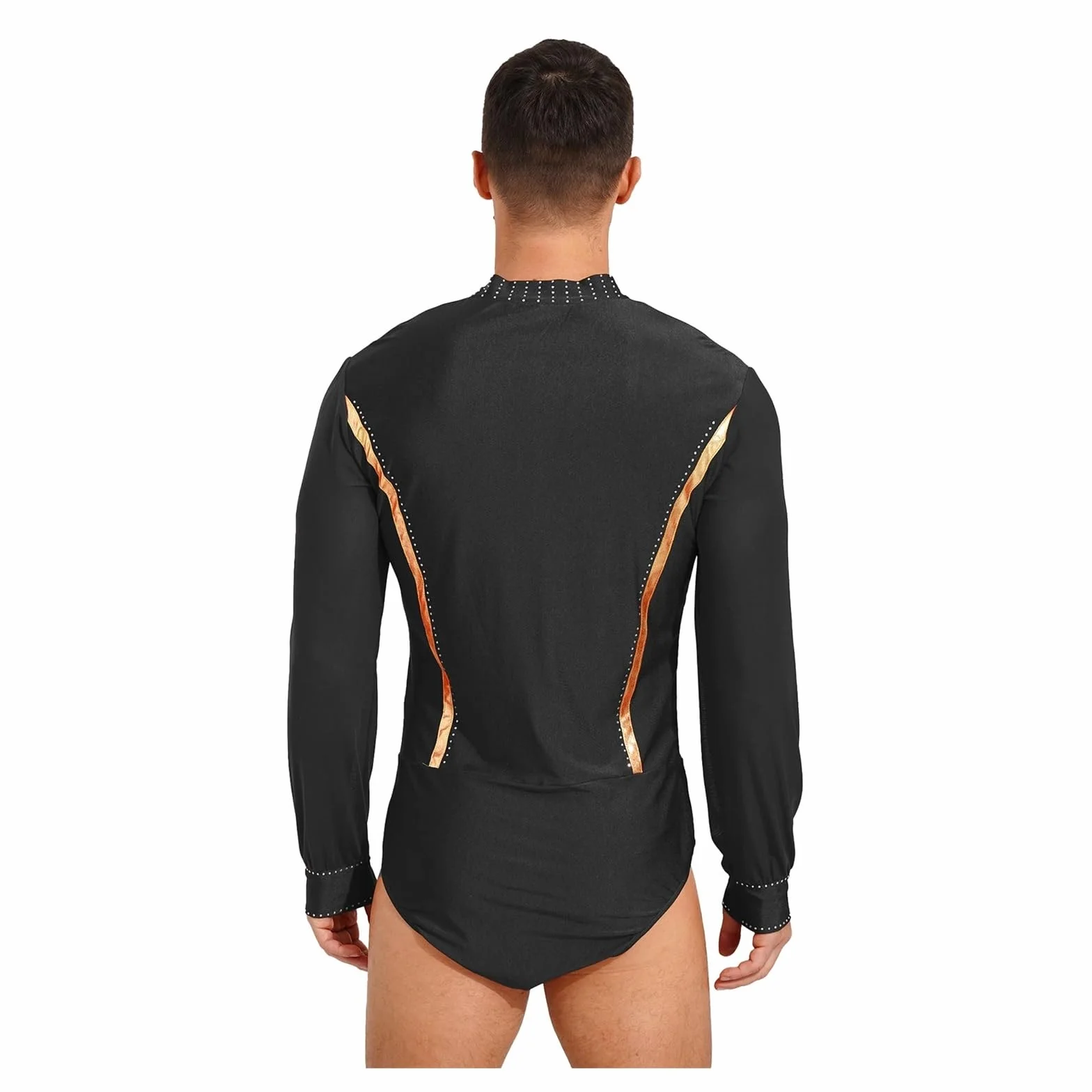 Hombre Camisa de Baile Latino con Diamantes de Imitación, Traje de Salón Cha Cha Rumba, Manga Larga, Ropa de Práctica Latina (Negro, M)