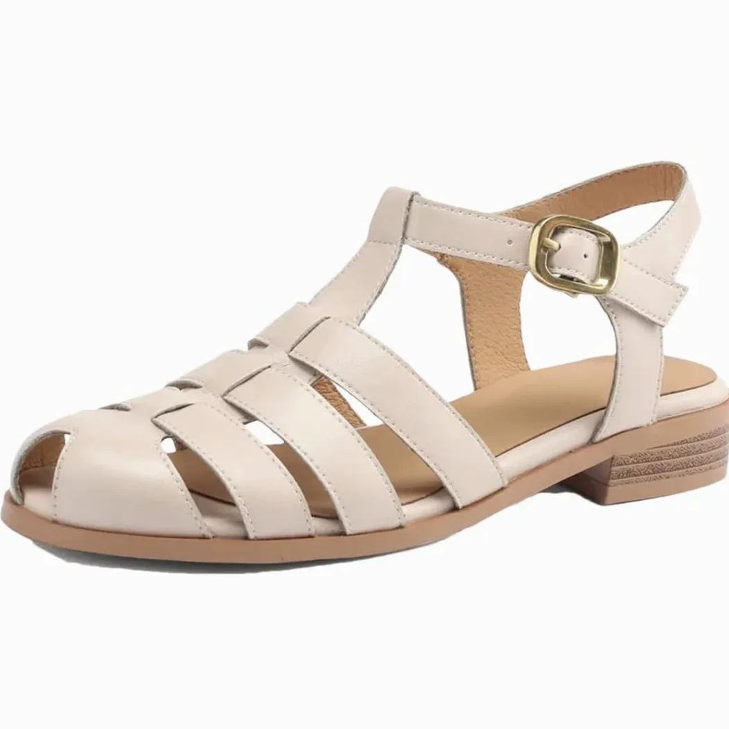 Sandalias básicas de piel auténtica con correa de tobillo para mujer, con hebilla y correa trasera, tacón plano, sandalias de verano, beige, 41 EU