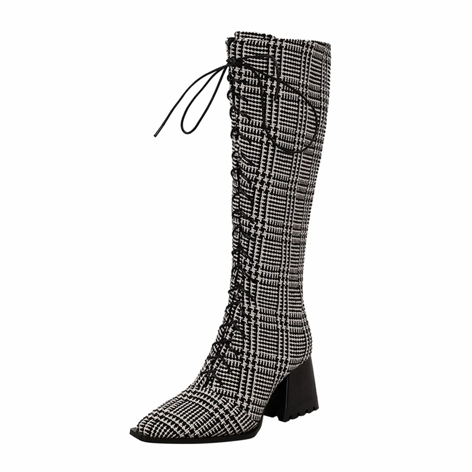 Botas de Vestir Rujer Botas largas de tacón Grueso con Cremallera Lateral con Cordones en la Parte Delantera Puntiaguda Estampado Leopardo para Mujer