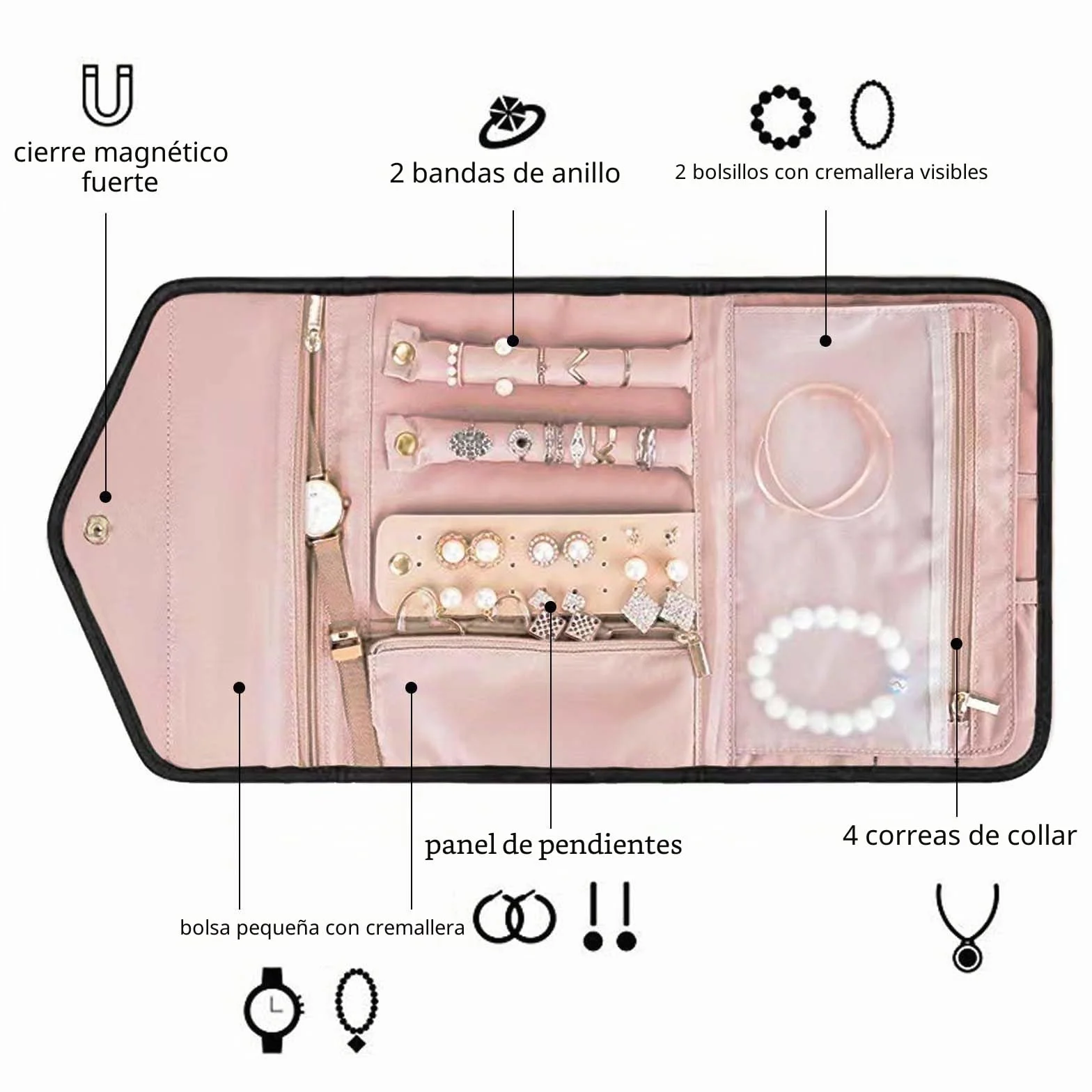 Organizador de Joyería Plegable Joyería Estuche Cuero Impermeable,Joyeros Enrollables Viaje,Rollo Organizador para Joyas de Viaje Bolsa Rollo de Joyas para Collares Pendientes Anillos Pulsera (Negro)