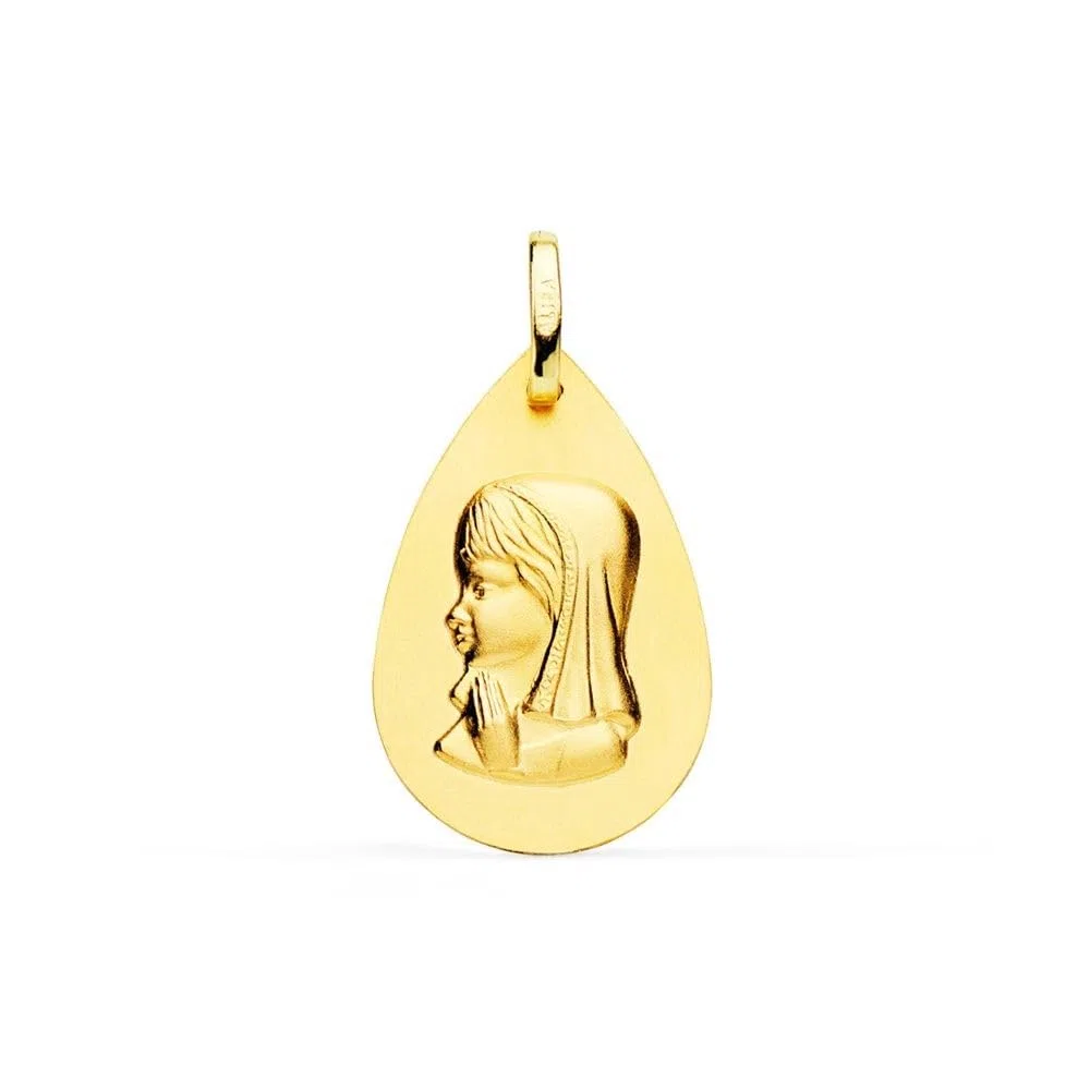 Virgen Niña Medalla Oro de 18k para Primera Comunión de 23mm. forma de gota lisa