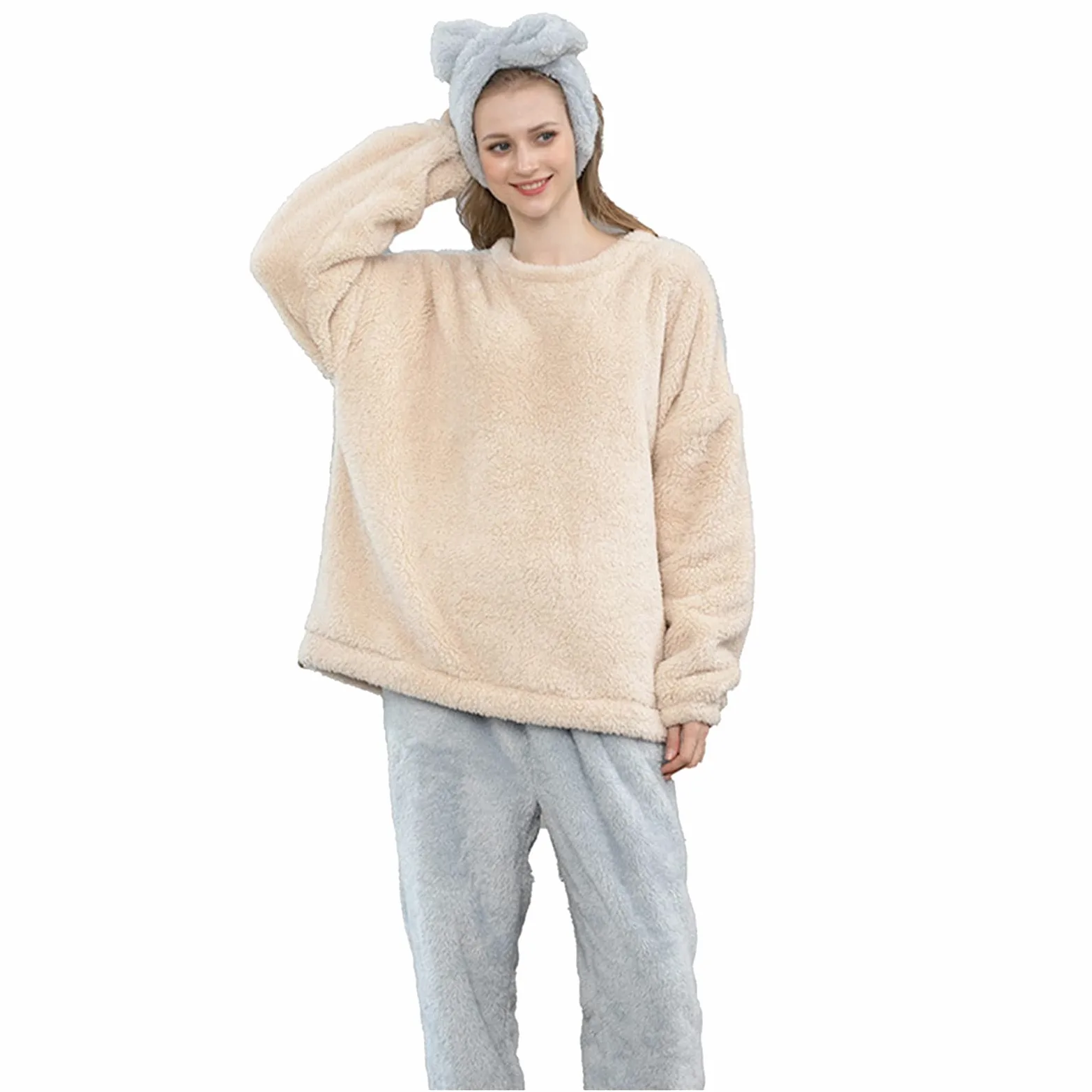 CMBSSTFC Pijamas de invierno para mujer, de forro polar, cálido y acogedor, pijamas térmicos de dos piezas, pantalones largos y camisetas de pijama, traje de jogging, conjunto de pijama de gran tamaño