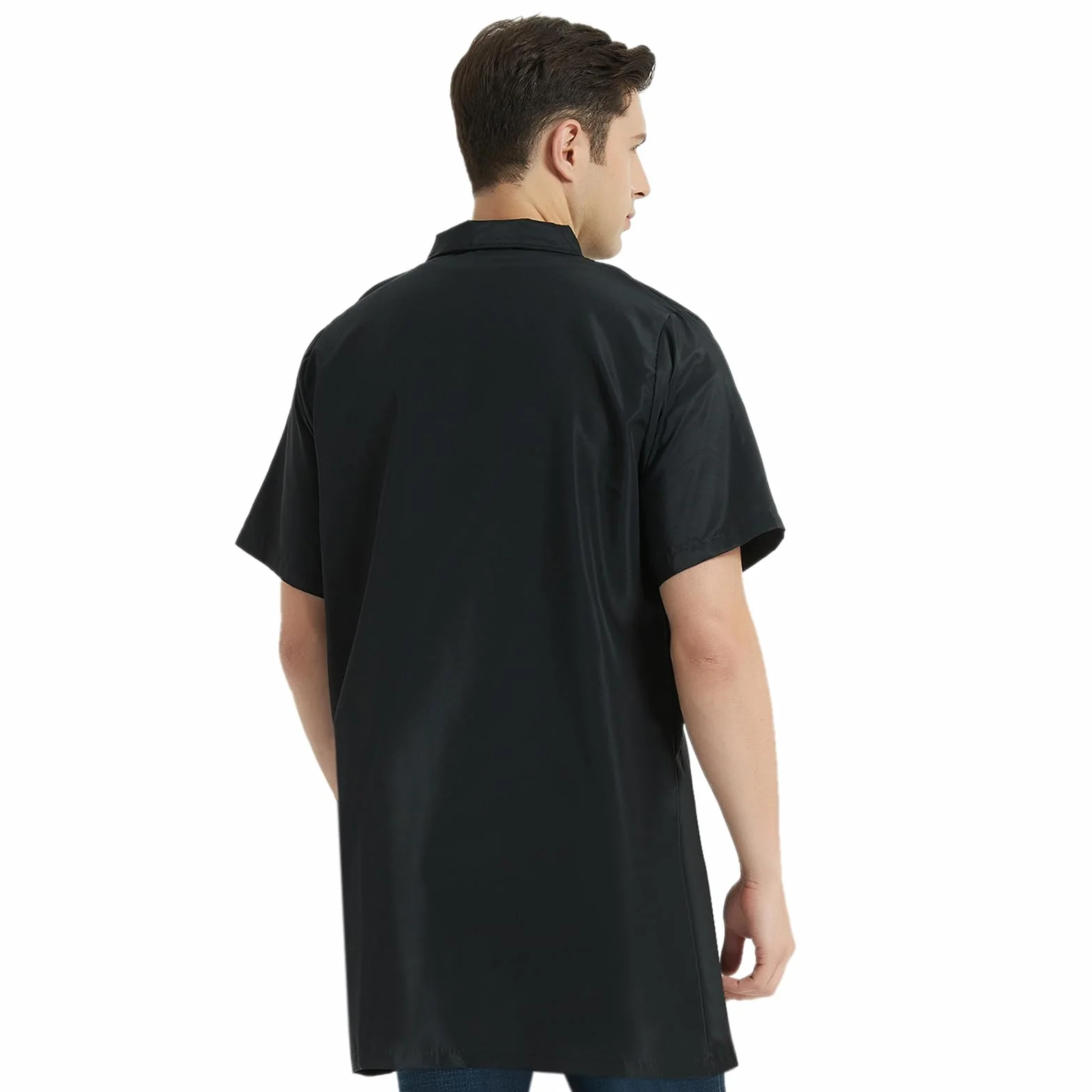 TOPTIE Chaqueta de Barbero Manga Corta Hombre Ropa Trabajo Uniformes Peluquería Camisa Negra Cremallera Bolsillos Corte Holgado