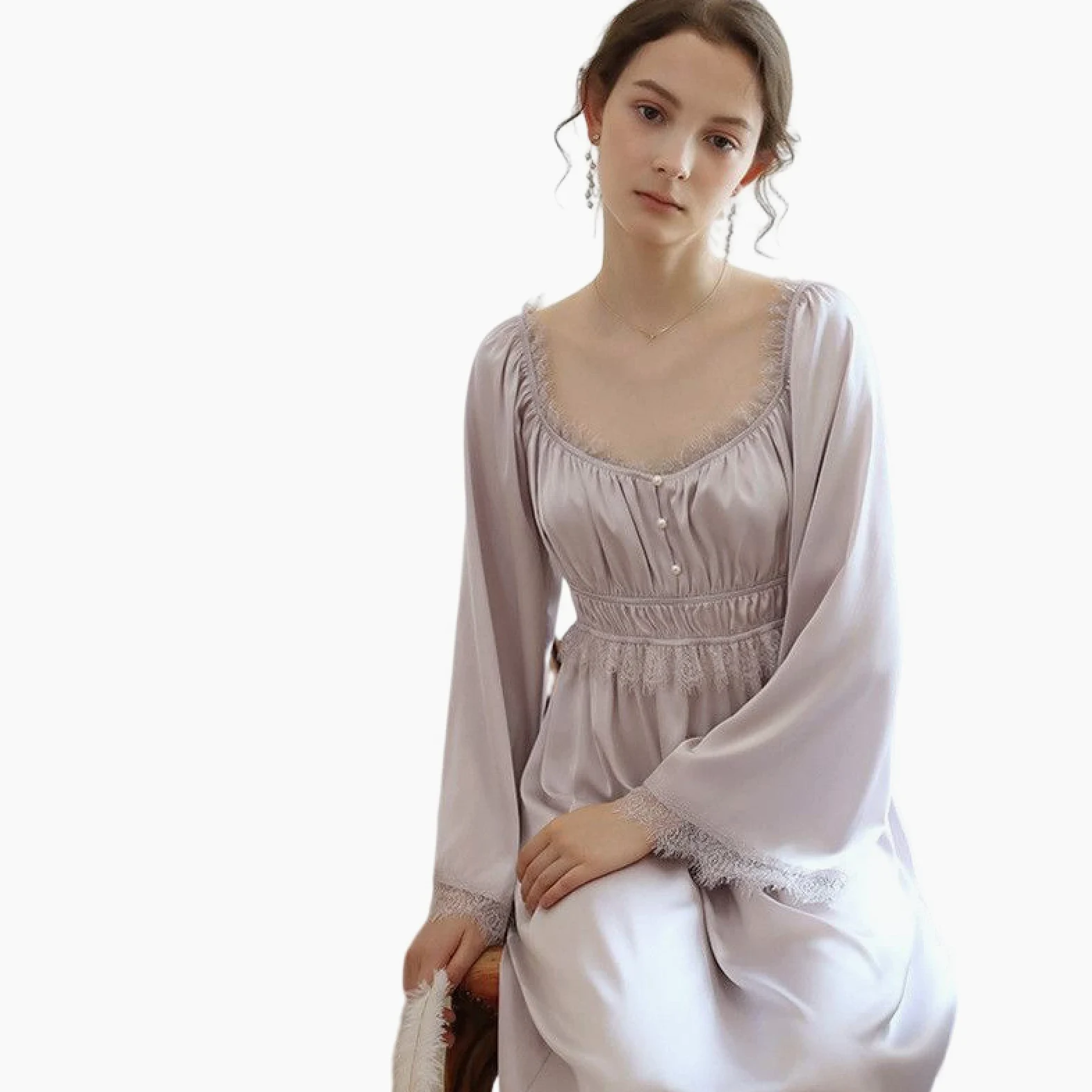 OFFSUM Camisón De Pijama De Mujer - Elegante Color Sólido Satén Sexy Encaje Cuello Cuadrado Camisón Estilo Palaciego Camisón Primavera Verano Cómodo Vestido De Dormir