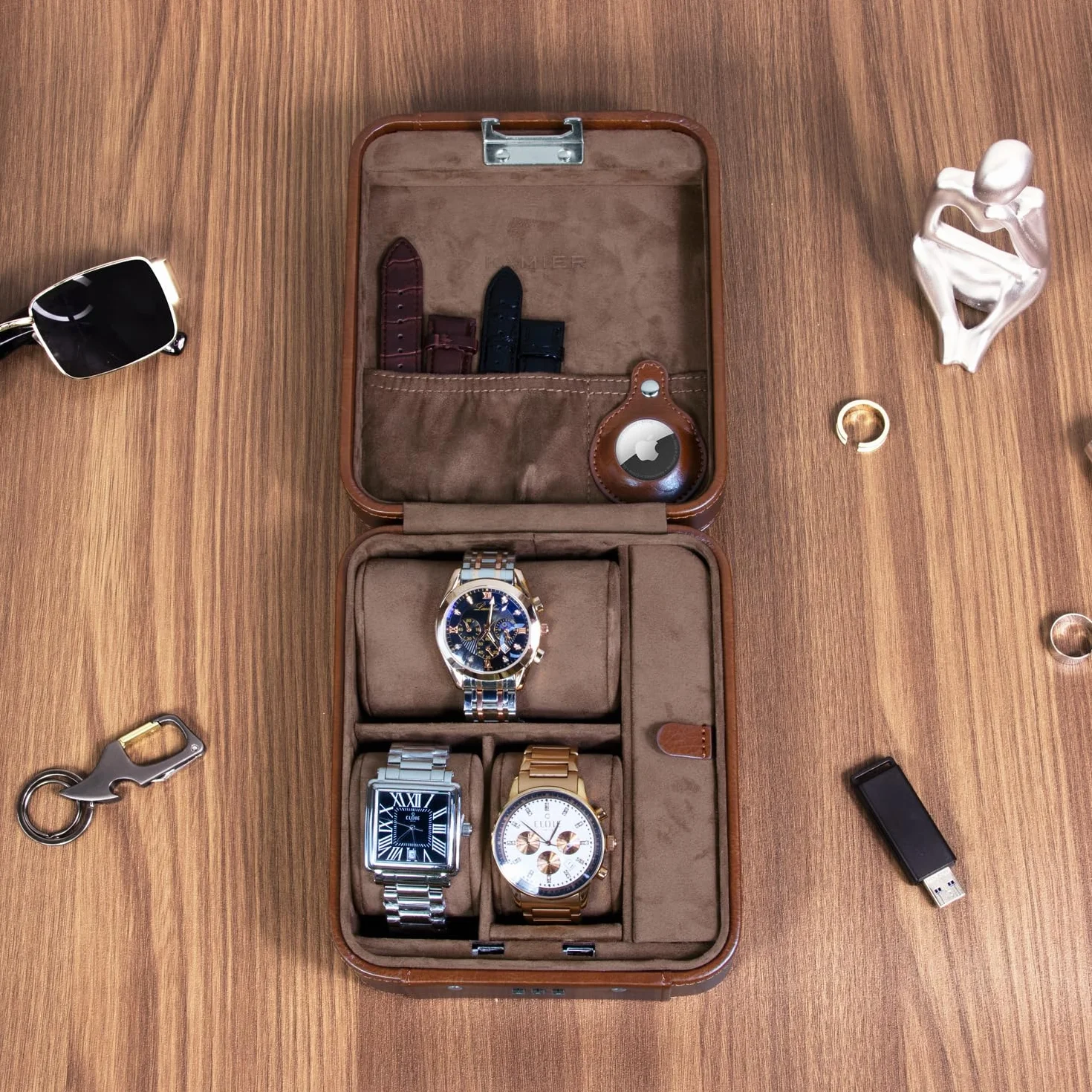 KAMIER Caja de reloj con cerradura de combinación, almacenamiento de 4 relojes y organizador de joyas, estuche de viaje para almacenamiento de anillos y relojes, funda de reloj de viaje de piel