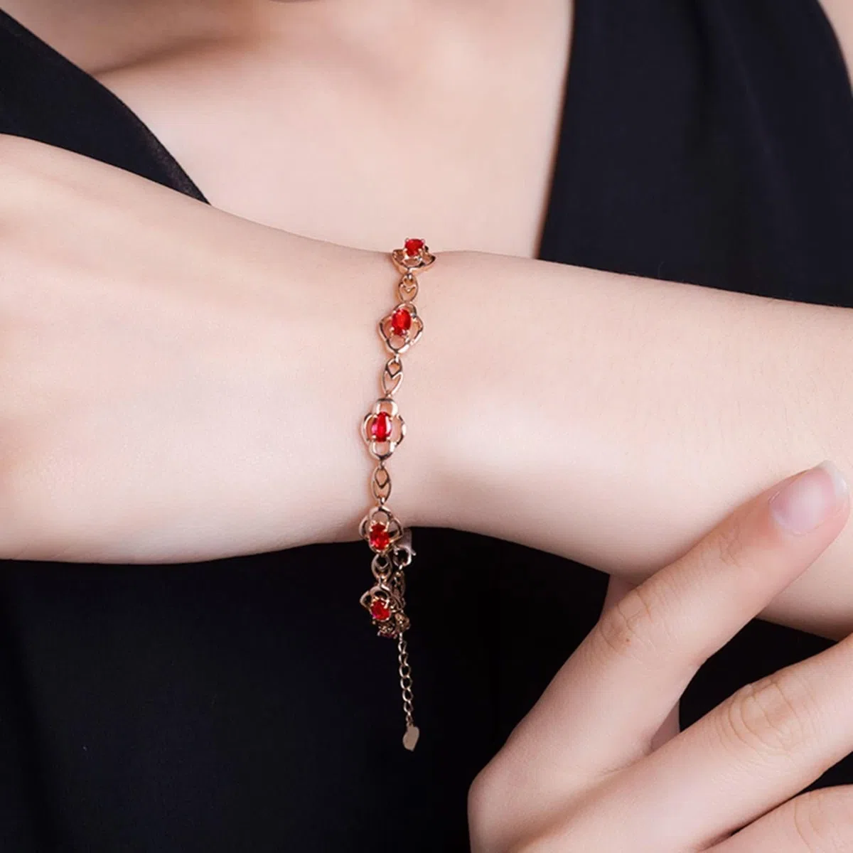 Pulseras de Mujer de Oro Rosa de 9 Kilates / 14 Kilates / 18 Kilates, Hueco y Oval con Rubí y Diamante, Cadena Extensible 16 CM + 5 CM, Pulseras de Mujer Ajustable de Oro Rosa