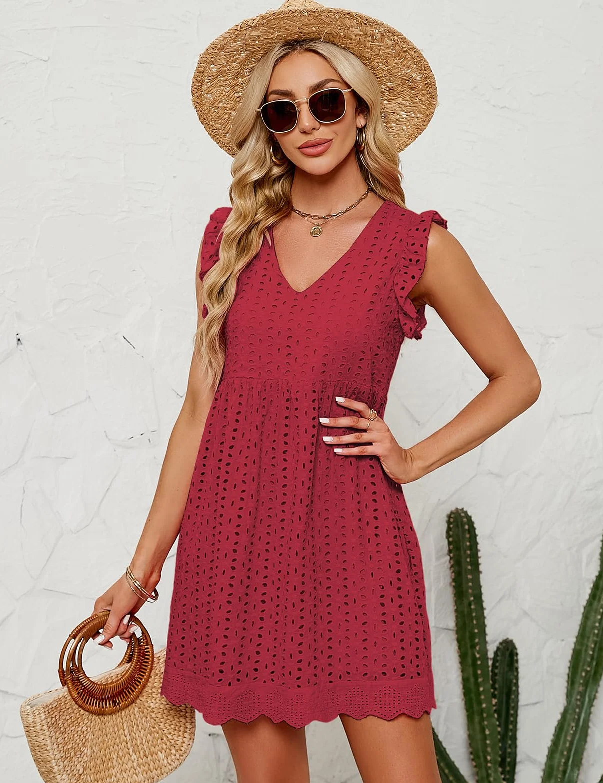 heekpek Vestidos Verano Mujer Sin Mangas Cuello V Algodón Flores Jacquard Casual Playa Bolsillos
