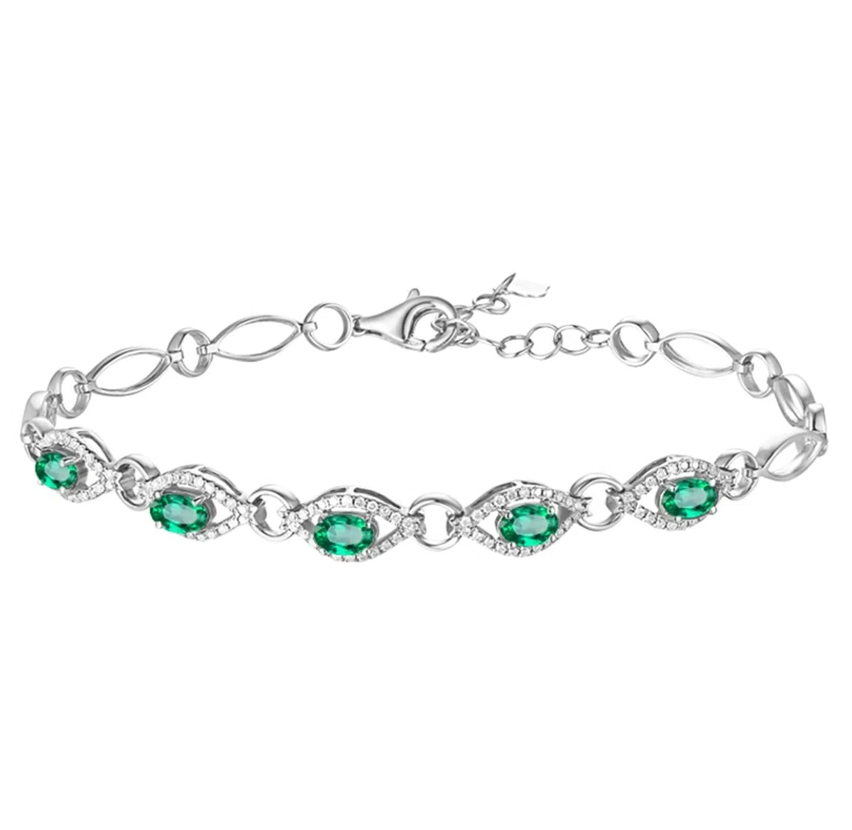 Pulseras Mujer Oro Blanco 9 K / 14 K / 18 K, Oval con Esmeralda Creada de 1,2 ct y Moissanita, Cadena Extensible 16 CM + 5 CM, Pulseras para Mujer Ajustable Plata Verde