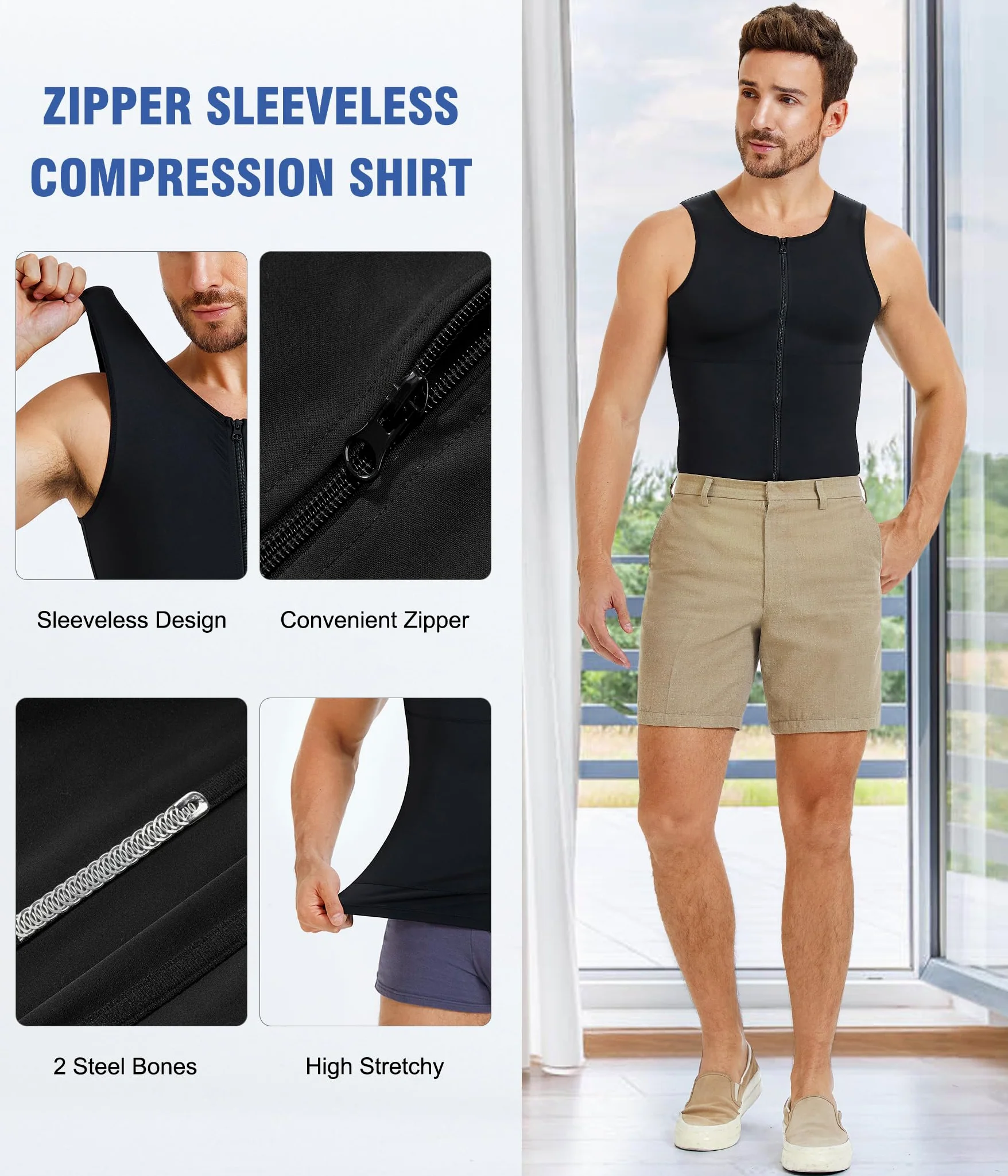 Eleady Camisetas de compresión para hombre, con cremallera, para moldear el cuerpo, camisetas más delgadas