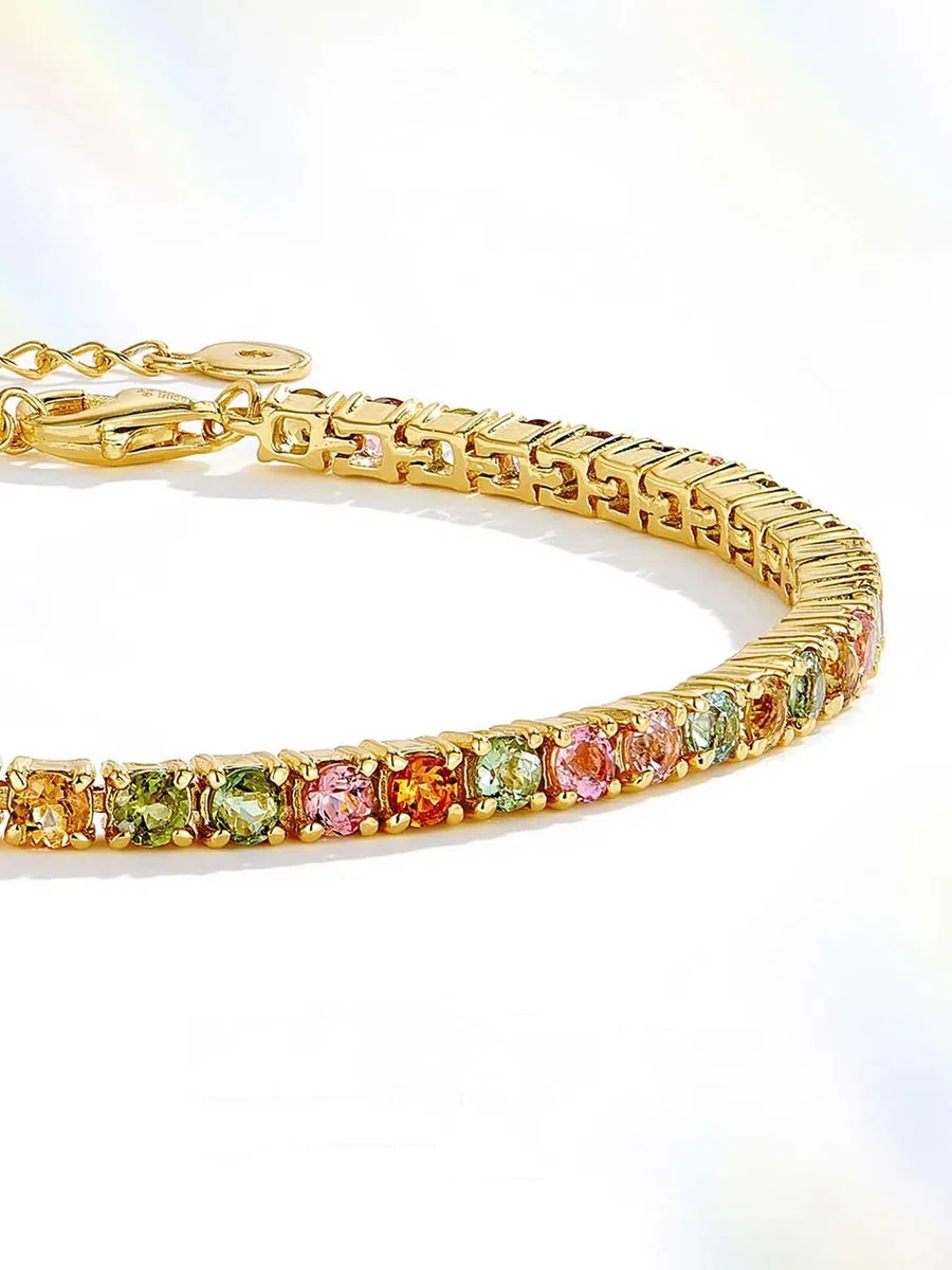 Pulseras de Mujer de Oro Amarillo 9K / 14K / 18K, Redondo con Turmalina Multicolor de 3,3 ct, Cadena Extensible 16 CM + 5 CM, Pulseras de Mujer de Oro Colorido