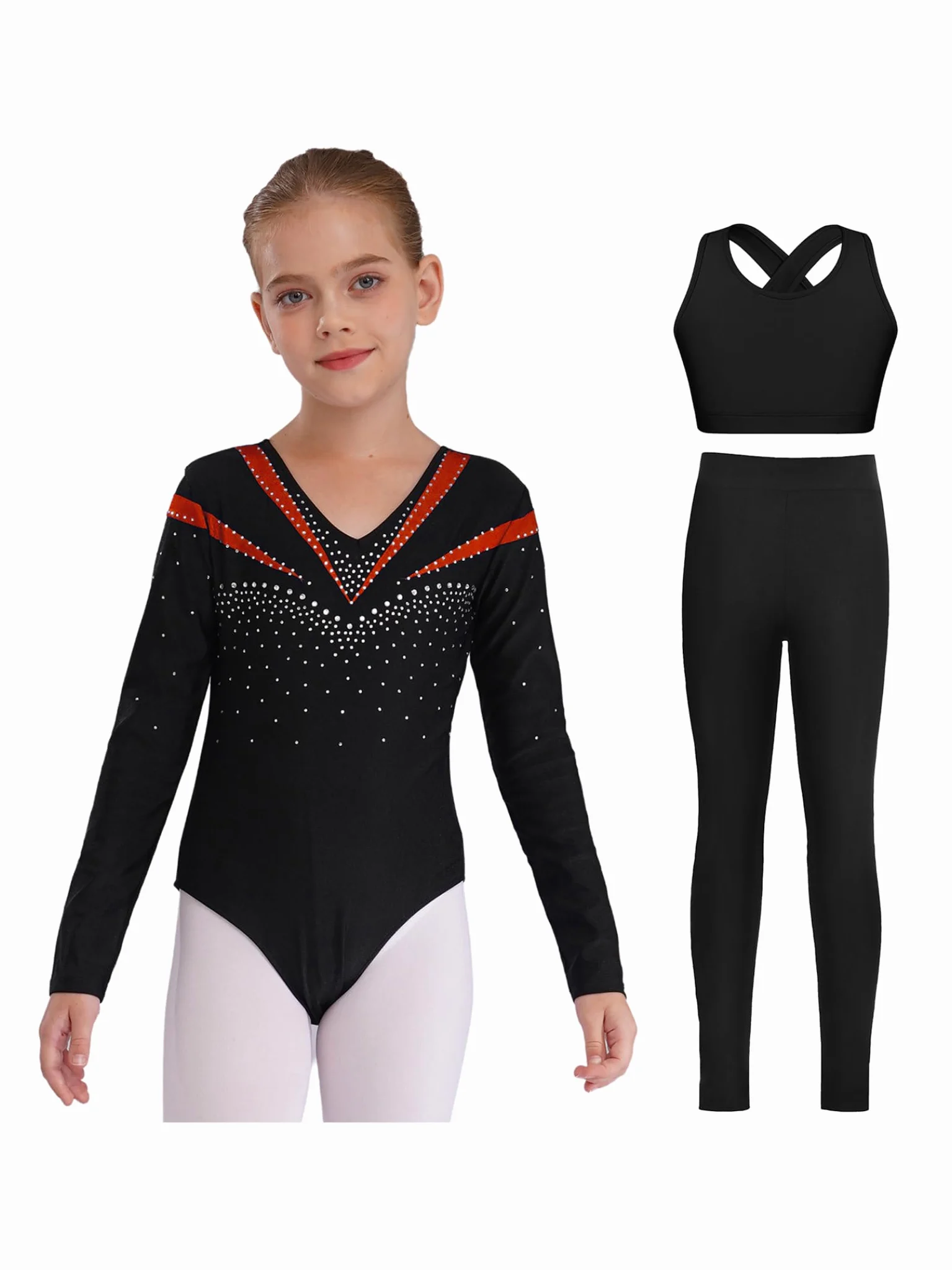 Piezas De Traje De Gimnasia Con Destellos Para Niñas Leotardos De Gimnasia De Manga Larga Tops De Deporte Brasier Y Pantalones Traje De Baile Para Rojo 11-12 años