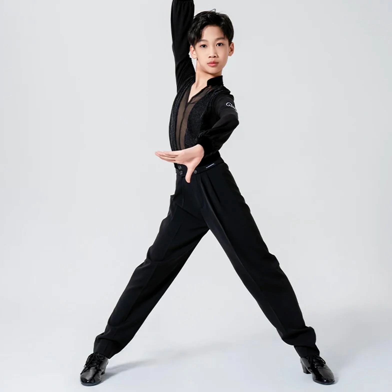 Latin Dance Costume Boy's Black Mesh V-Neck Tops Rumba Samba Practice Set Children's Ballroom Cha Competition Wear para Hombre, Salsa, Jazz, Danza(Black Tops-Pants,XXS)