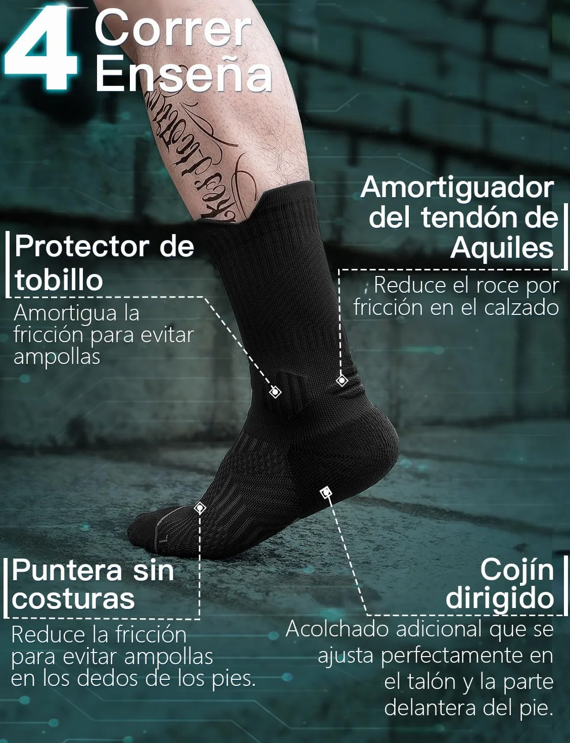 Calcetines de Compresión para Correr Fibra de Bambú Coolmax Transpirables Anti-ampollas Acolchados