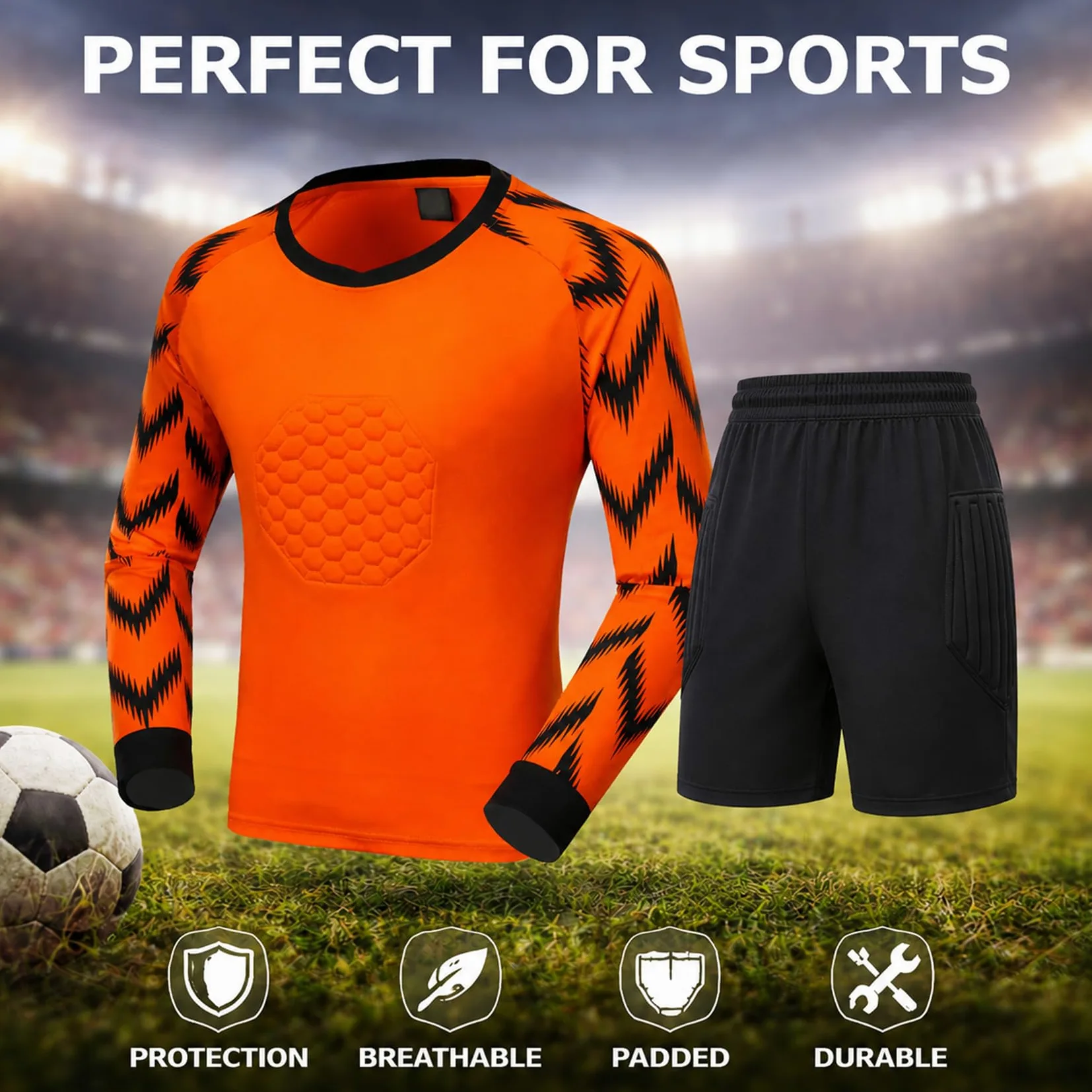 Uniforme de Portero de fútbol para niños, jóvenes y Adultos. Camiseta de Manga Larga y pantalón Corto Ligeros para Entrenamientos y Partidos de fútbol.