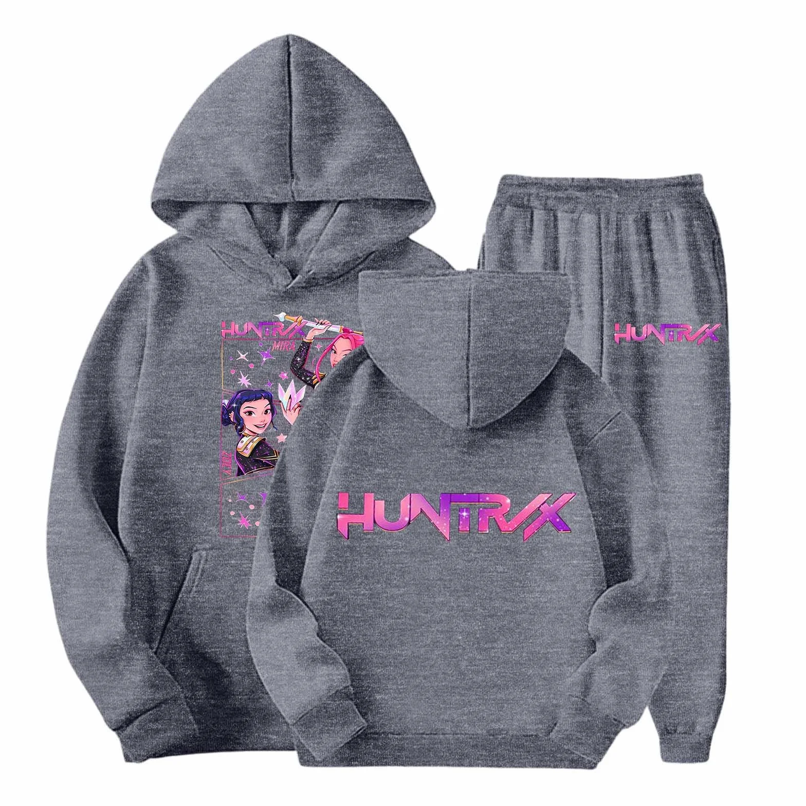 K-K-pop D-Demon H-Hunters 2 Piezas Unisex Niños K-pop Jogging Traje de Ocio Dos Piezas H-Huntrix H-Huntr/X Hip Hop con Estampado Anime Sudadera con Capucha Camiseta Manga Larga Niños Niñas Traje