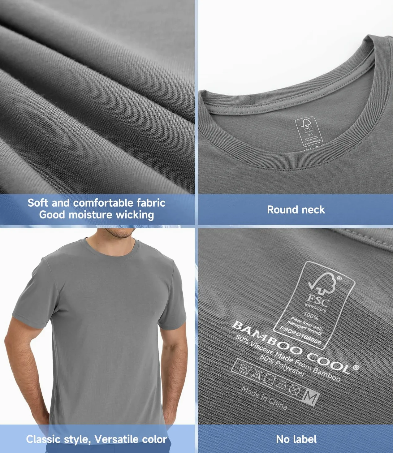 BAMBOO COOL Camisetas de cuello redondo para hombre, manga corta, pesadas, absorben la humedad, camiseta básica casual