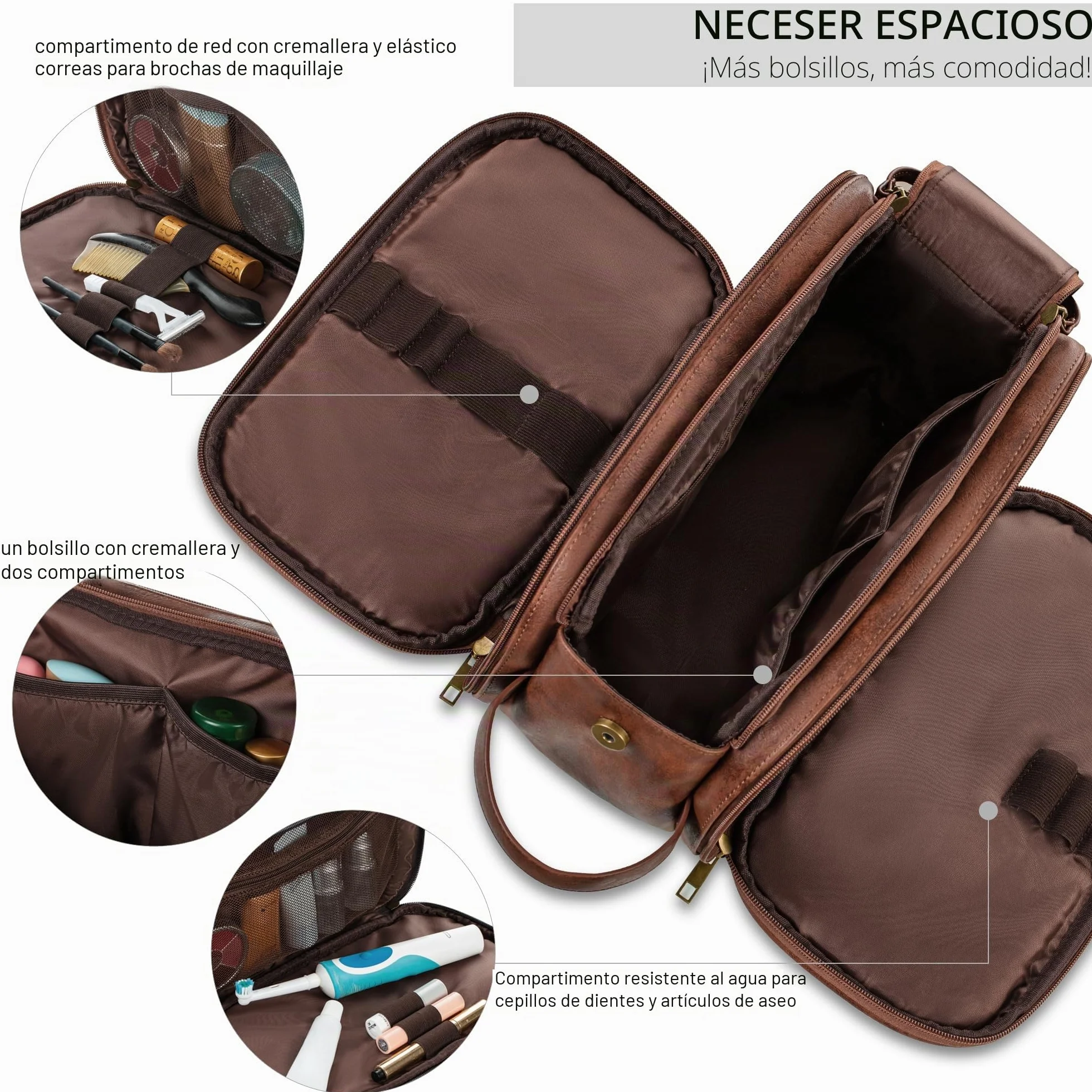 Elviros Neceser Hombre de Viaje, Bolsa de Aseo Grande Impermeable PU, Organizador Portátil con Gran Capacidad, Dopp Kit Hombre para Gimnasio y Trabajo