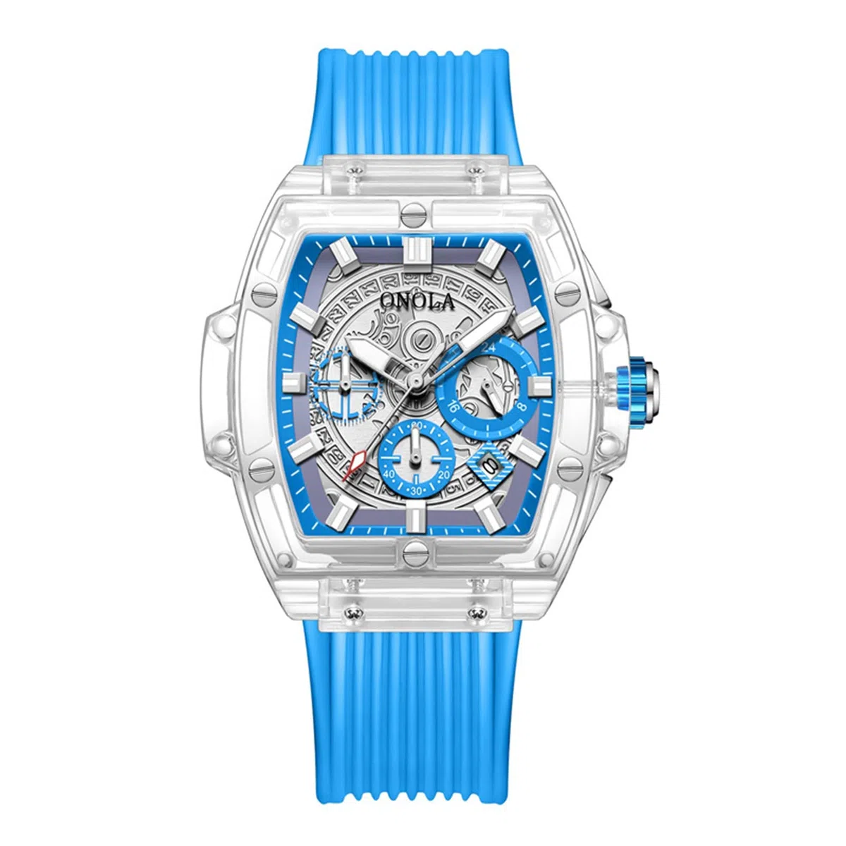Relojes de cuarzo para hombre, cronógrafo analógico, esqueleto, rectángulo, esfera grande, reloj de moda para hombre, con correa de silicona, casual de negocios, Todo azul.