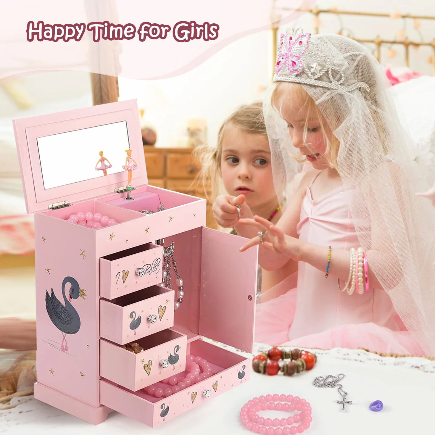 Joyero grande caja musical 5 capas puerta oscilante bailarina giratoria juego joyas unicornio organizador niñas niños