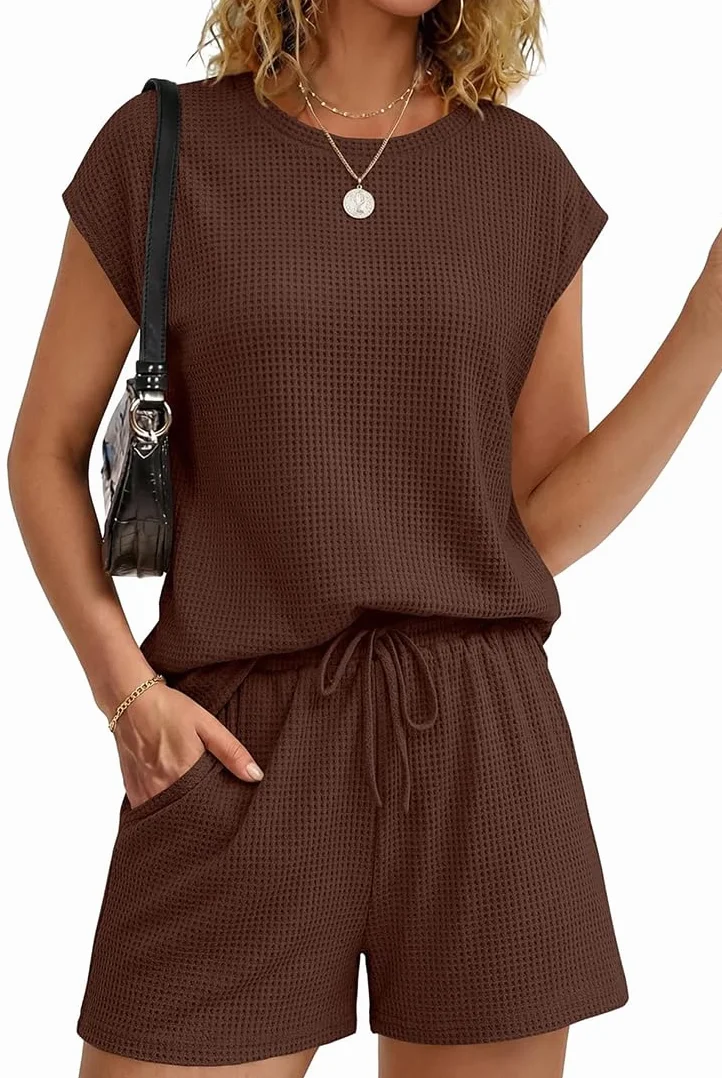 Chándal Mujer Conjunto Mujer Chic y Elegante Waffle 2 Piezas Camiseta Manga Corta y Pantalones Cortos Conjunto Deportivo Mujers Casual Vacacione Trabajo Verano