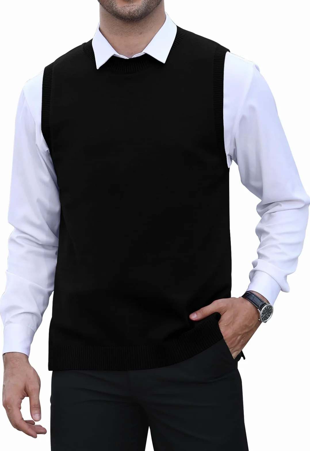 KUYIGO Chaleco sin mangas clásico para hombre, cuello redondo, tejido de punto, cárdigan, camiseta sin mangas