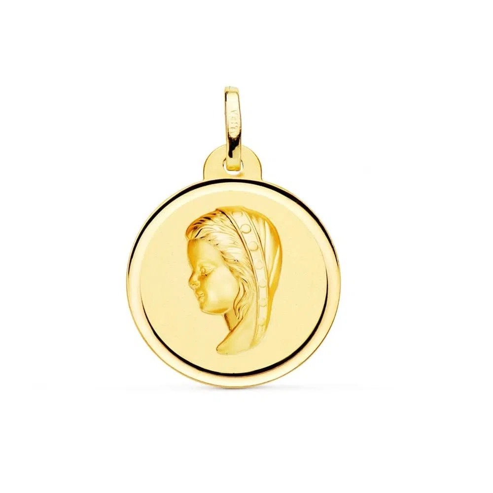 Virgen Niña medalla oro 18k Primera Comunión colgante 20mm. bisel liso - Personalizable - GRABACIÓN INCLUIDA EN EL PRECIO