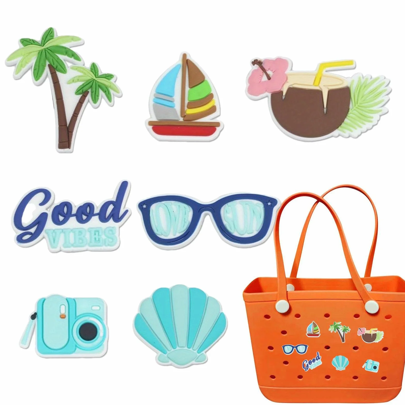 Teksome Abalorio de playa para bolsas de Bogg – 7 piezas de amuleto de playa de goma para bolsas de Bogg, insertos de goma de PVC extraíbles para bolsa de Bogg, accesorios de amuleto de playa