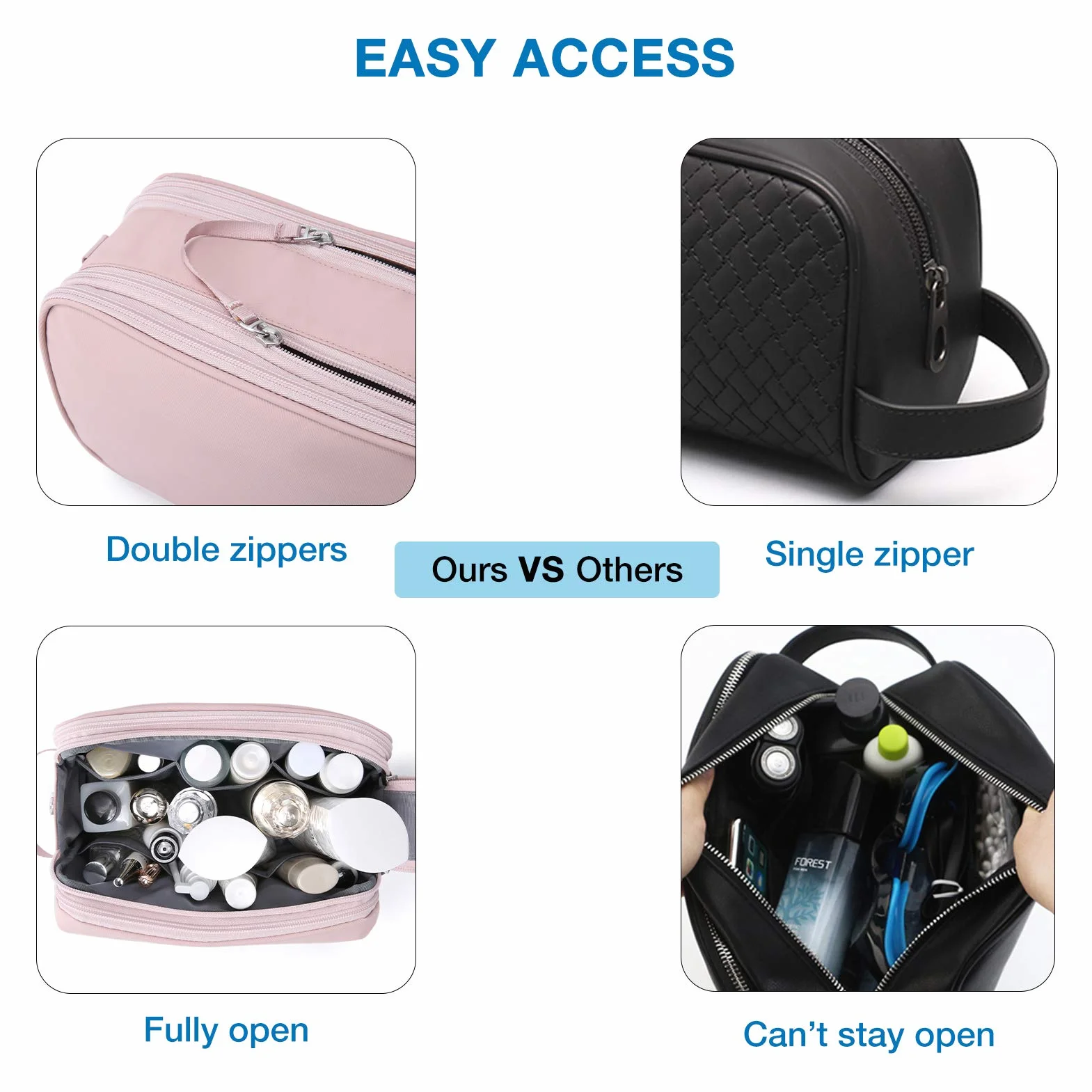 BAGSMART Neceser para Viaje Hombres y Mujer, Neceser Maquillaje Impermeable con Doble Cremallera, Bolsa de Afeitar, Gran Espacio de Almacenamiento, 5 L, Rosa, M