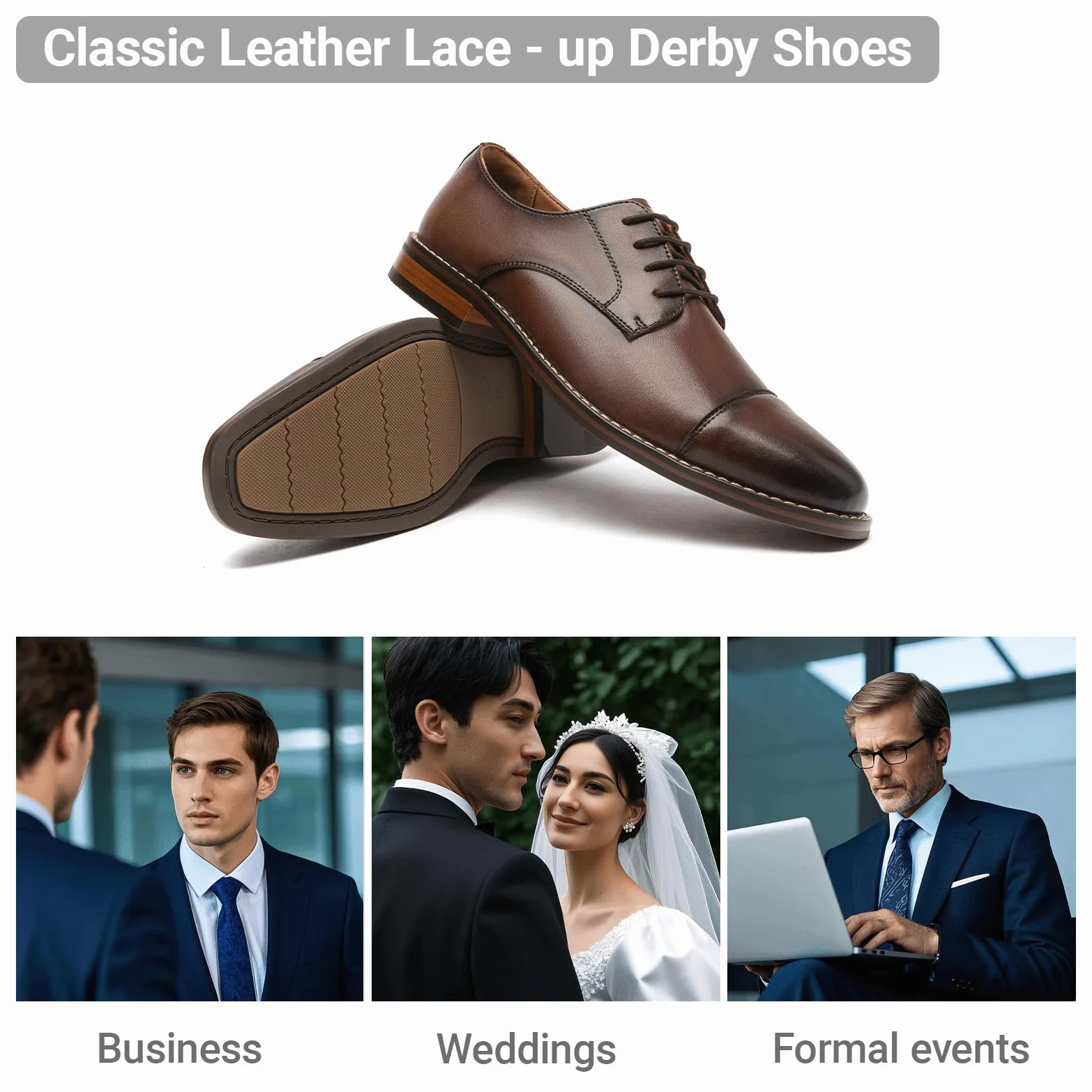 Poerkan Zapatos Derby cómodos y elegantes con cordones para hombre, color negro y marrón para cada ocasión
