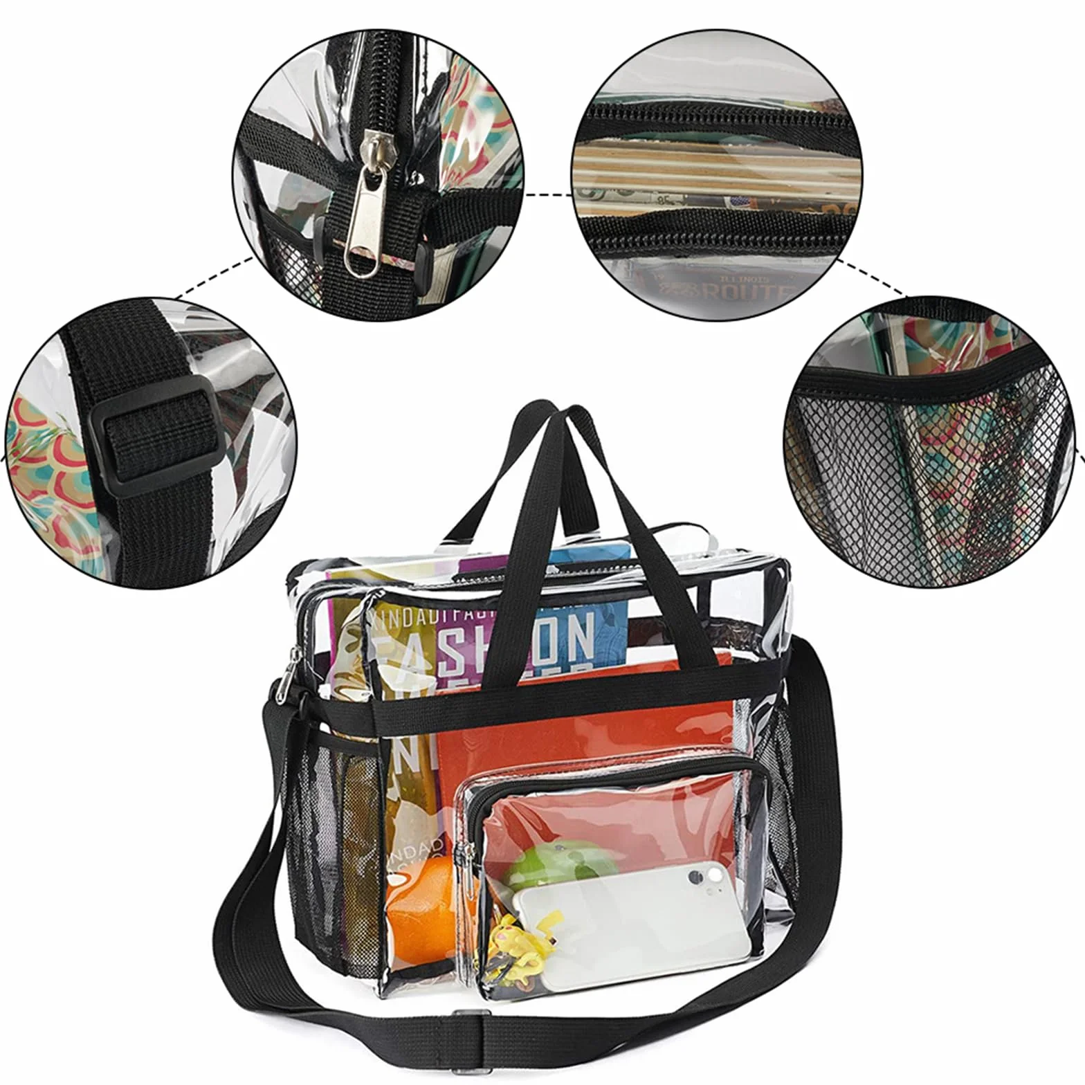 Bolso Transparente Mujer, PVC Bolso Bolsa Viaje Accesorios | Impermeable Bolsas Transparentes para Estadios con Bolsillos para El Trabajo, Juegos Deportivos y Conciertos
