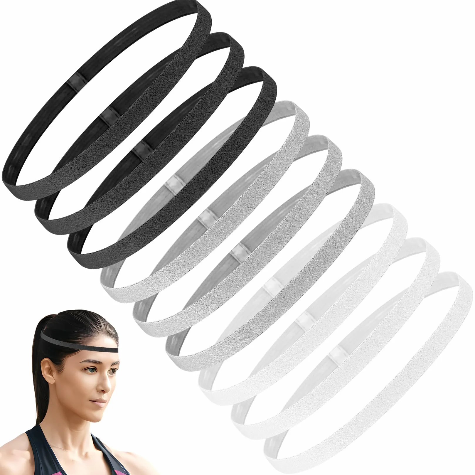 Cinta Deportiva Pelo Hombre 9 Pcs Elásticas Antideslizantes Yoga Fútbol Jogging Negro Blanco Gris